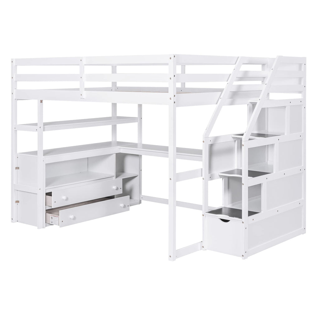 Merax Stairway Loft Bed with L Shape, Shelves, Two Tier Drawers and Storage, White Platform, Full Loft w/Desk and Staircase