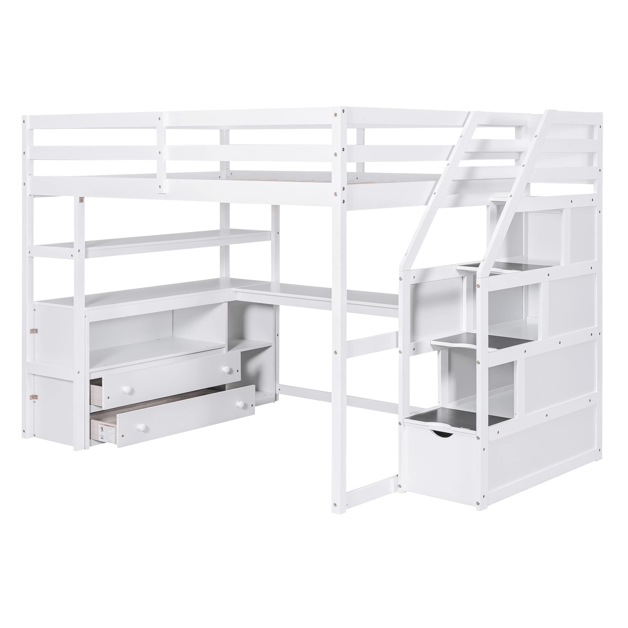 Merax Stairway Loft Bed with L Shape, Shelves, Two Tier Drawers and Storage, White Platform, Full Loft w/Desk and Staircase