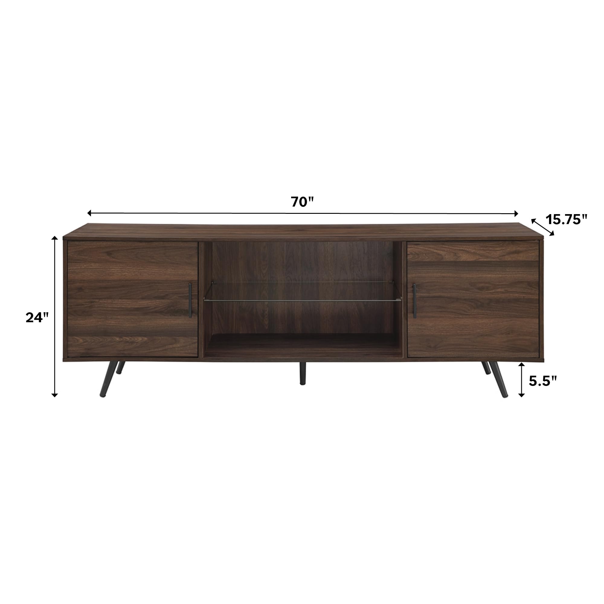 Walker Edison Saxon Mid Century Modern 2 Door Glass Shelf TV Stand for TVs up to 80 Inches, 70 Inch, Dark Walnut