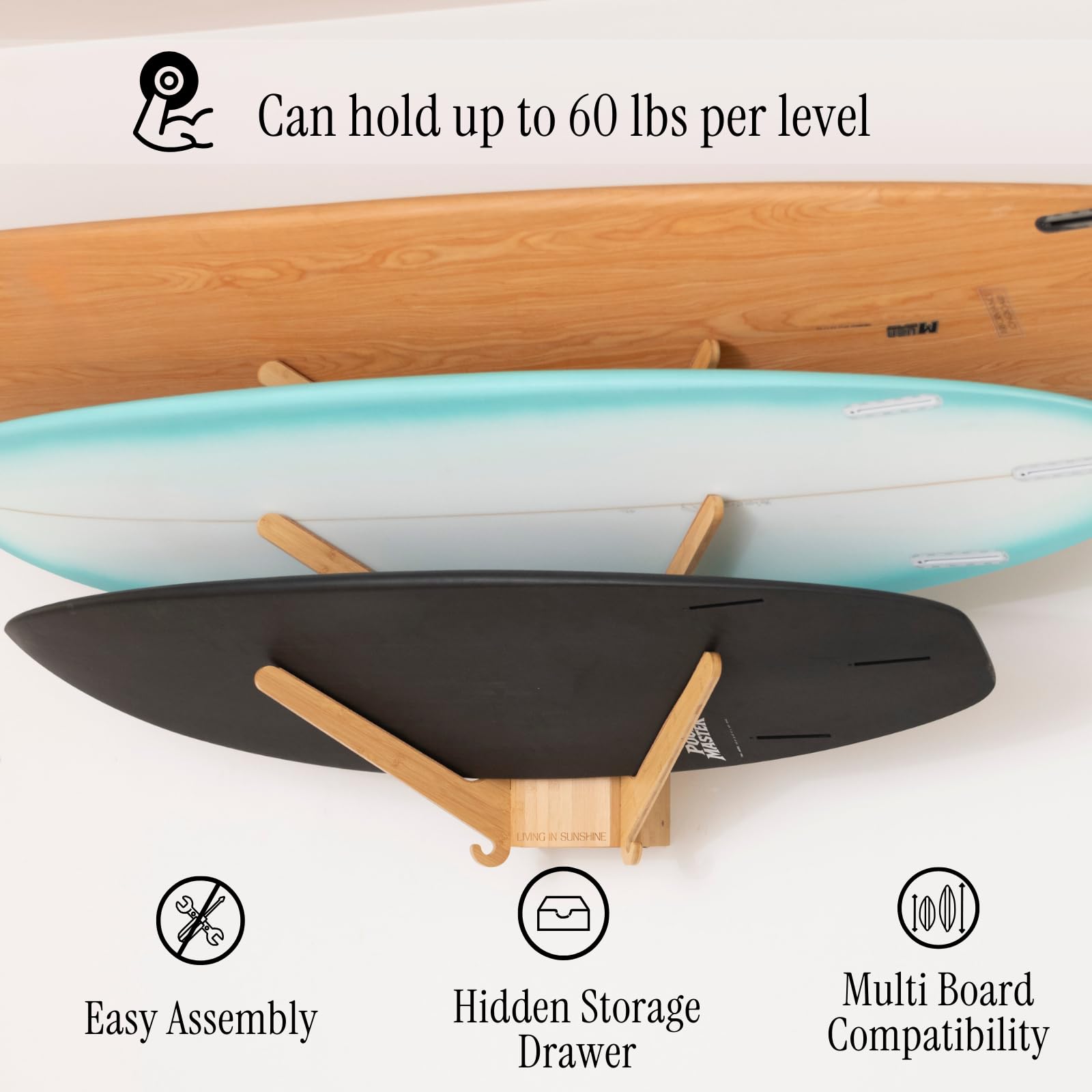 LISS The Sun Rack - Premium Wood Surfboard Wall Mount Rack Display, Ski, Snowboard Holder for 3 Boards for Garage & Home Storage with Built-In Drawer & Hooks for Longboards Shortboards, Wakeboards