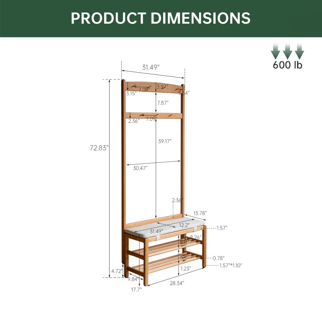 Vadisun Oak Coat Rack, Solid Wood Hall Tree with Shoe Bench, 2-Tier Shoe Rack with 7 Hooks for Entryway, Hallway, 13.8" x 31.5" x 72.8", Natural