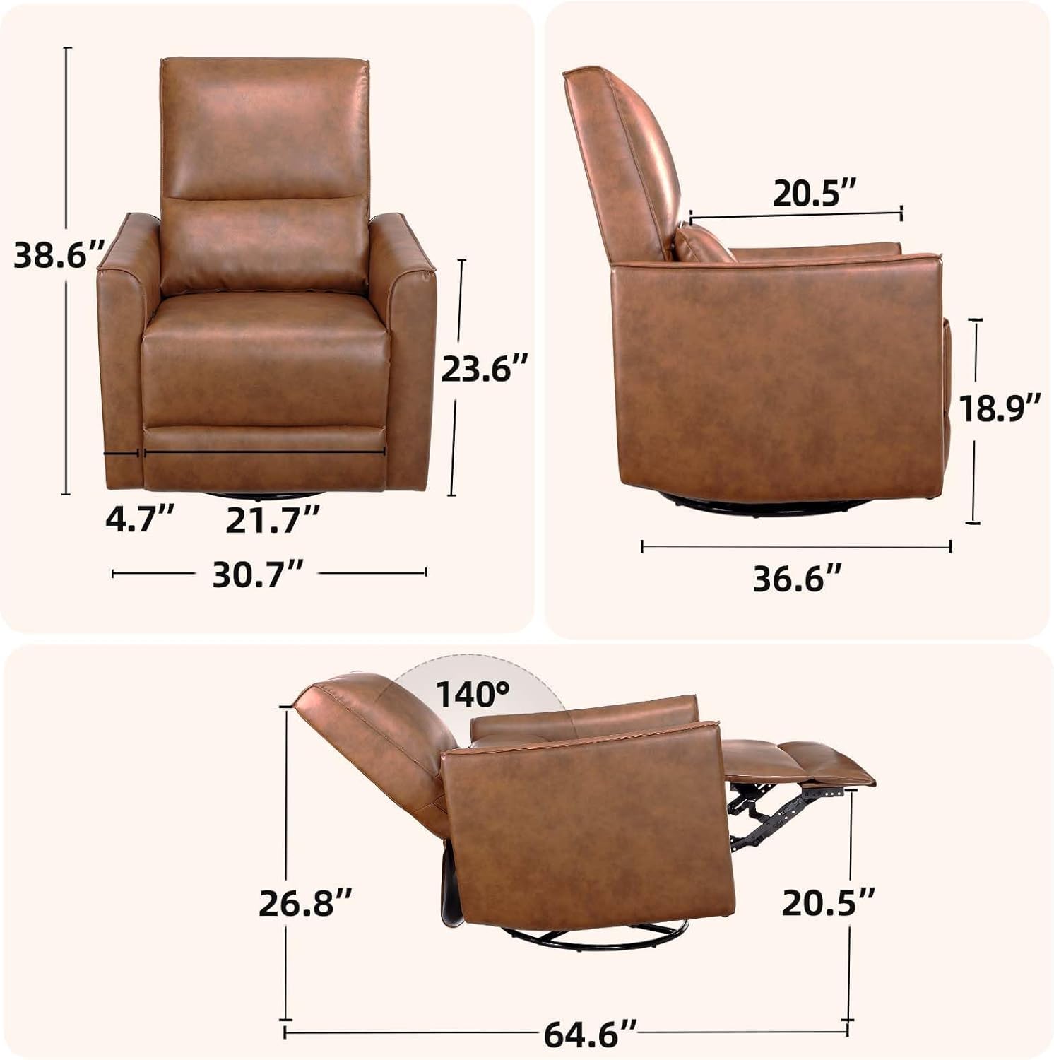 GAOMON Swivel Rocking Recliner Chair, Manual Leather Recliner Glider with Lumbar Support & Padded Armrest, Comfortable Rocker Nursery Single Sofa for Living Room and Bedroom (Brown)
