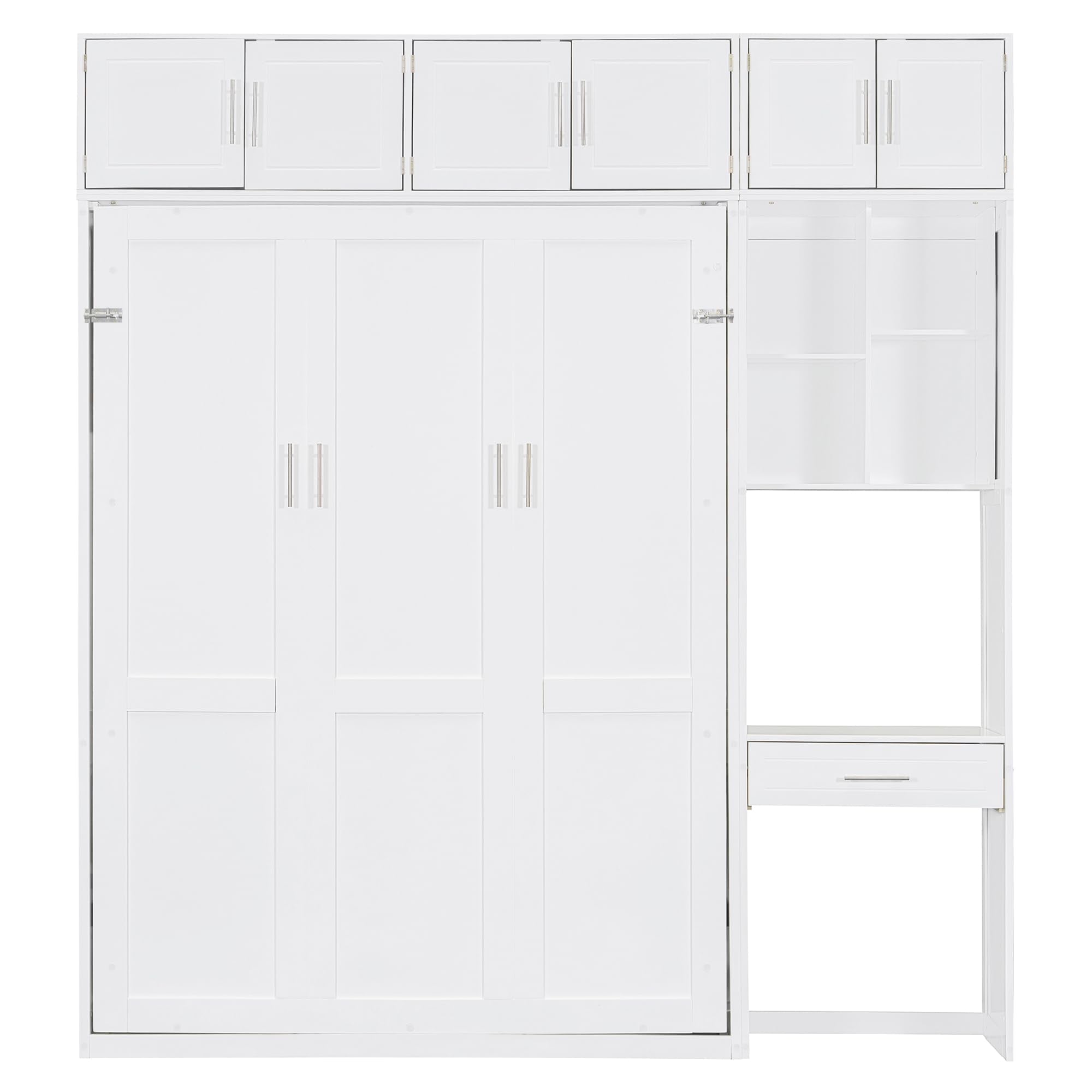 Merax Full Size Wall Murphy Bed with Desk, Top Cabinet and Storage Shelves, Space Saving Foldable Bed, Wooden Bed Frame
