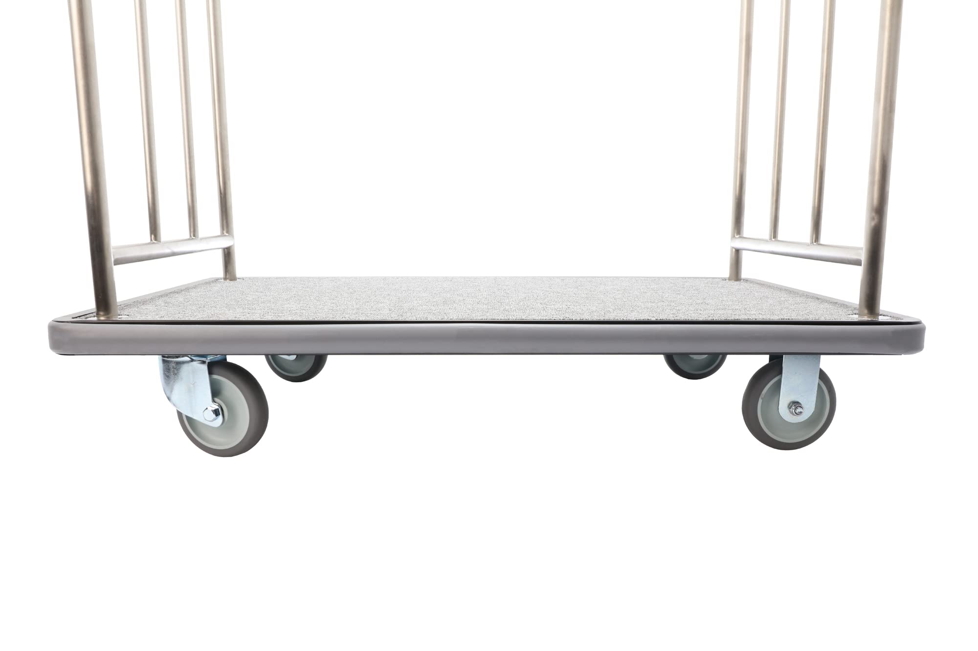 Wholesale Hotel Products Brushed Stainless Steel Luggage Cart – 800lb Capacity – Bellman Cart w/ 5” Rubber Wheels & Gray Carpet, for Hotel, Resorts, Condos, Commercial Use (Value Valet Series)