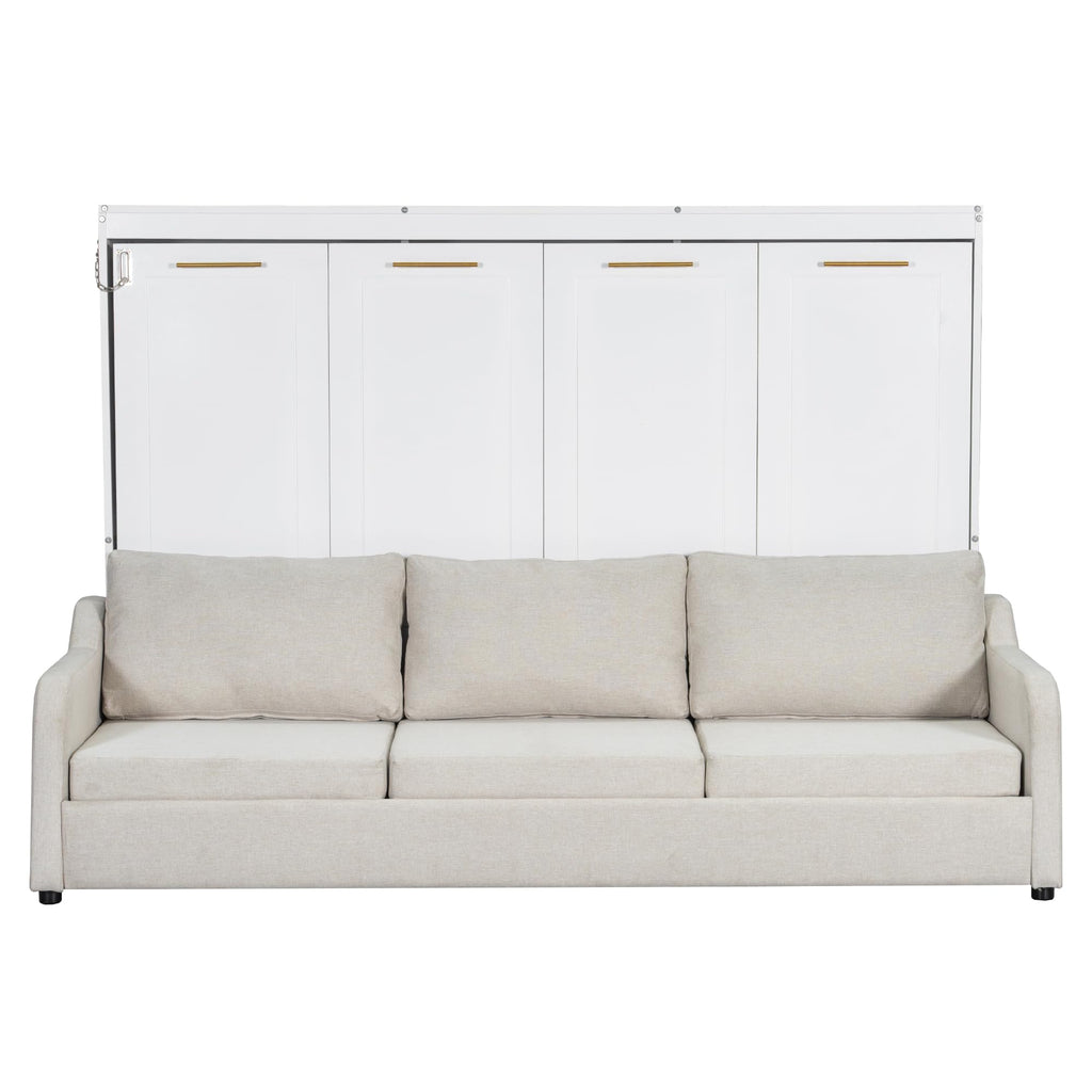 Bellemave Full Size Murphy Bed with Sofa, Cabinet Bed with Storage Shelves and LED Light, Farmhouse Murphy Cabinet with Folding Sofa, Noisy Free, for Guest Bedroom, Living Room, Office, Beige