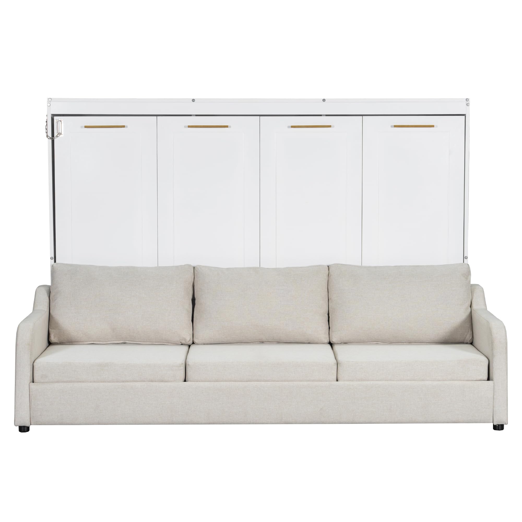 Bellemave Full Size Murphy Bed with Sofa, Cabinet Bed with Storage Shelves and LED Light, Farmhouse Murphy Cabinet with Folding Sofa, Noisy Free, for Guest Bedroom, Living Room, Office, Beige