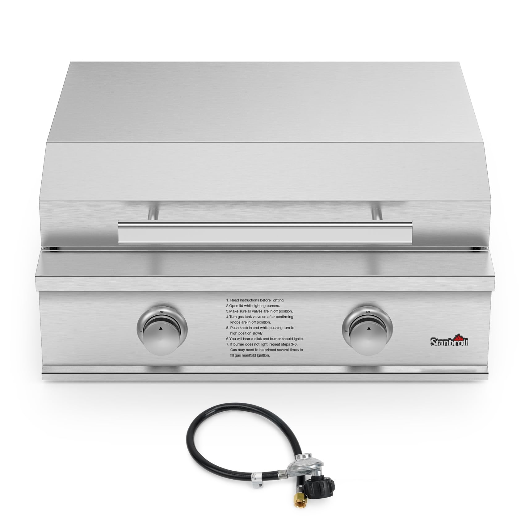 Stanbroil 28-Inch Premium Built-In Liquid Propane Griddle for Outdoor Kitchen Grill, Durable Stainless Steel 2-Burner Flat Top Grill with Lid for BBQ Island, 34,000 BTUs