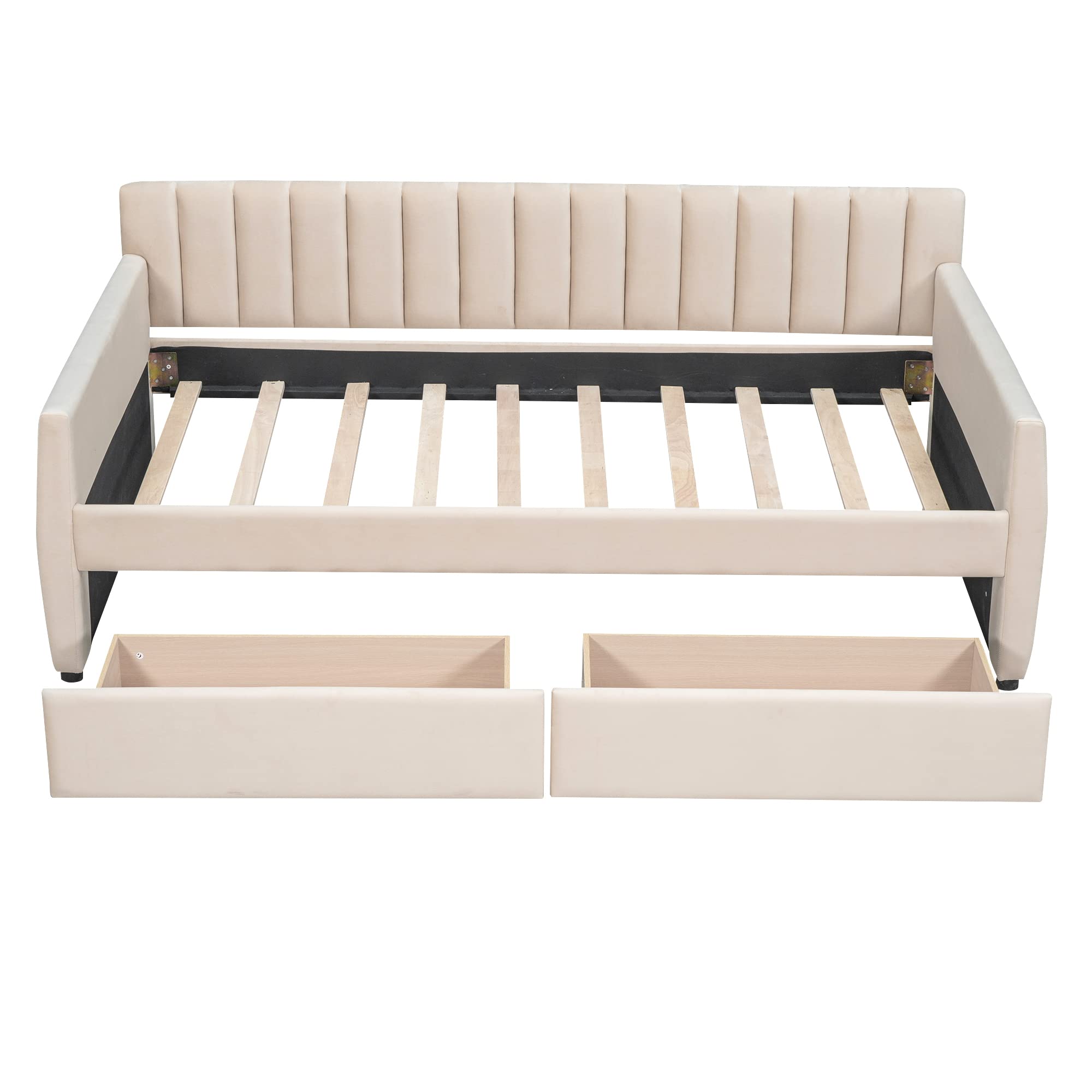 Merax Upholstered Daybed with 2 Drawers, Twin Size Bed Frame with Storage and Wood Slat Support, Beige