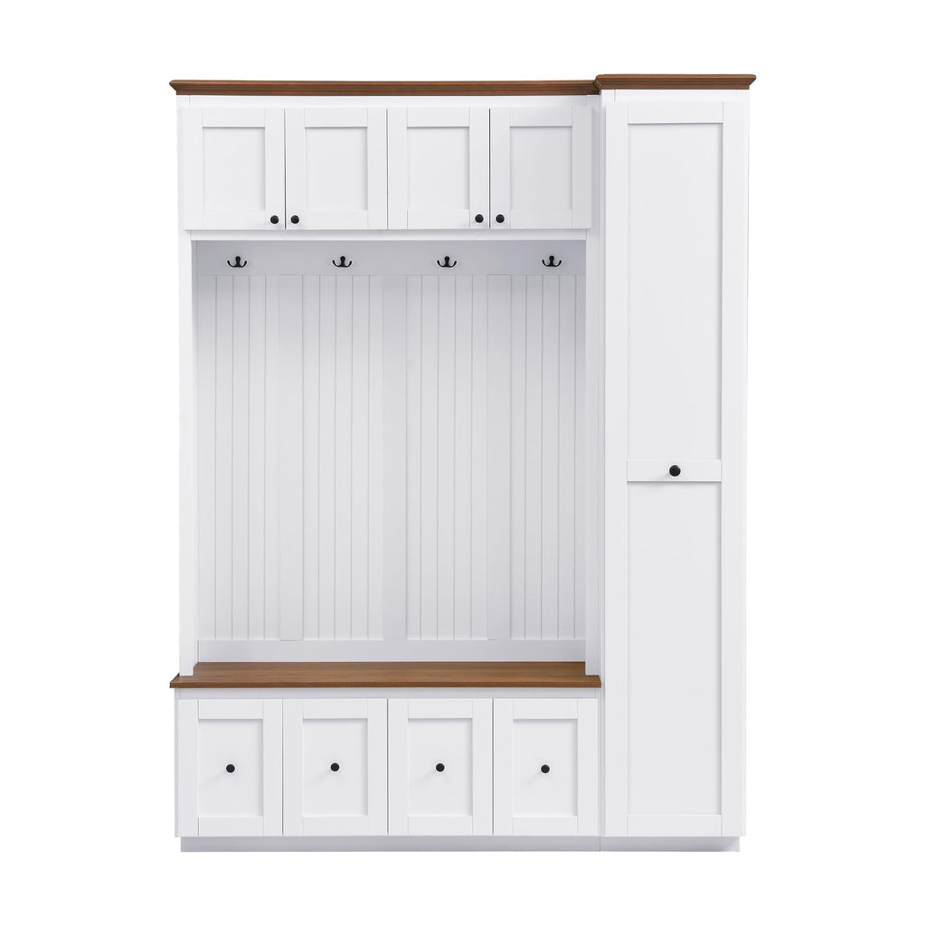 Merax 78.7''H Hall Tree with Storage Bench, Modern Entryway Bench with Coat Rack, 5-in-1 Hall Tree with Cabinets, Drawers & Hooks for Hallway, Entryway, Living Room, Mudroom, White