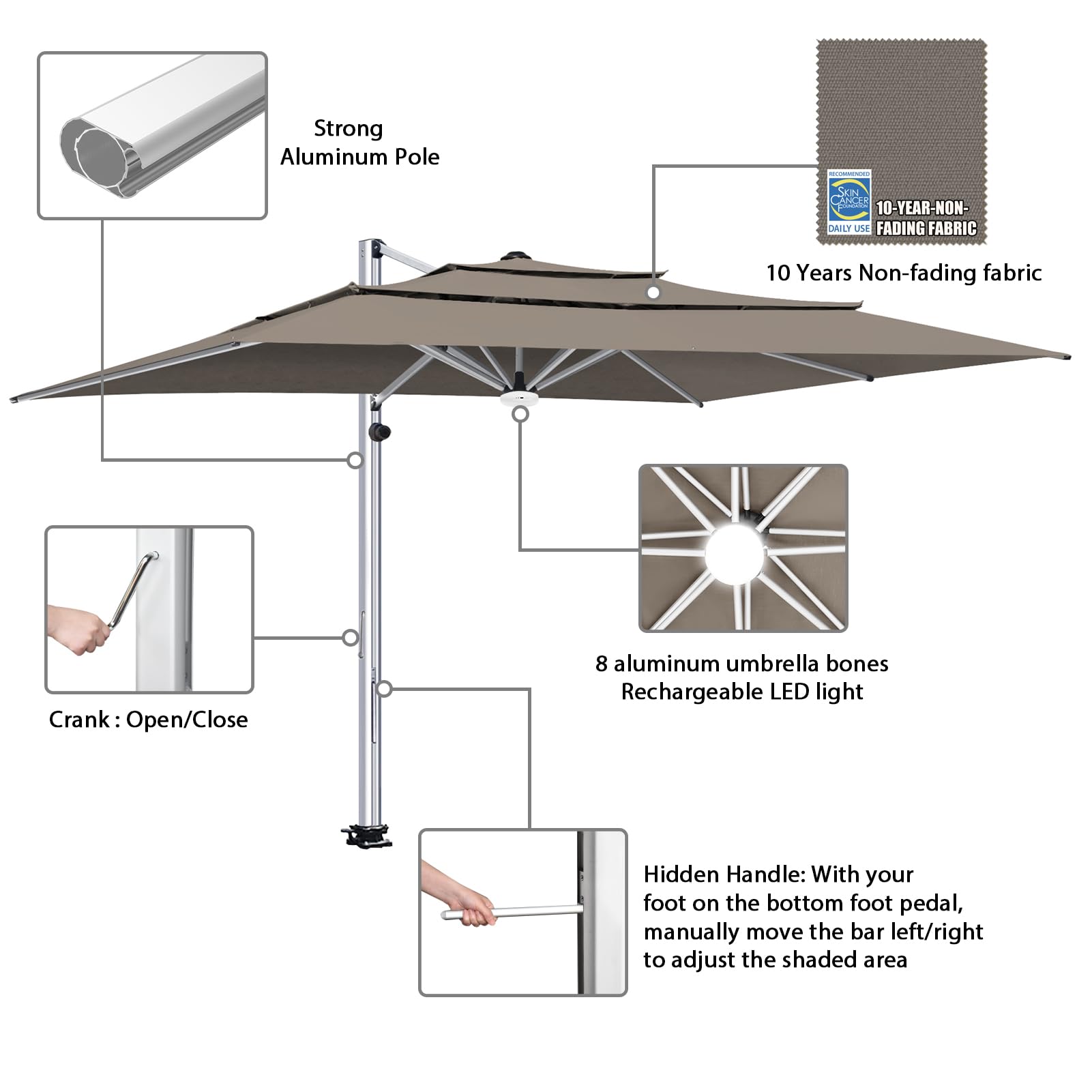 EliteShade USA APOLLO 3-Tier 10x13FT Full Aluminum Cantilever Patio Umbrella for Outdoor Restaurant Garden Courtyard Deck Pool and Marketing with Light (No battery), Taupe