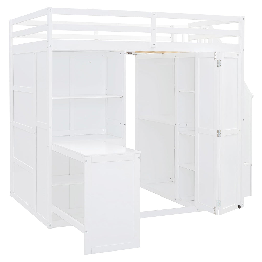 Merax Full Size Loft Bed, Wood Bedframe with Wardrobe, Storage Stairs, Desk and Shelves for Kids Teens Adults Bedroom, White
