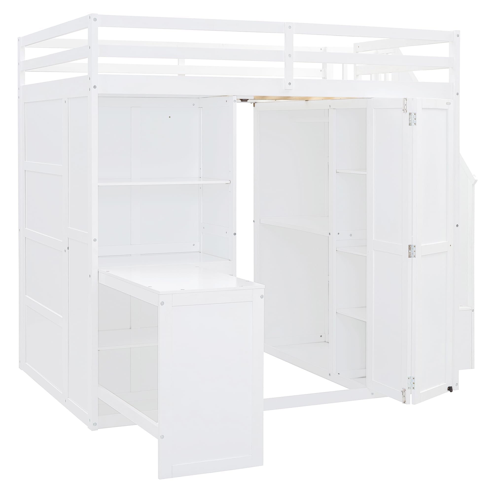 Merax Full Size Loft Bed, Wood Bedframe with Wardrobe, Storage Stairs, Desk and Shelves for Kids Teens Adults Bedroom, White