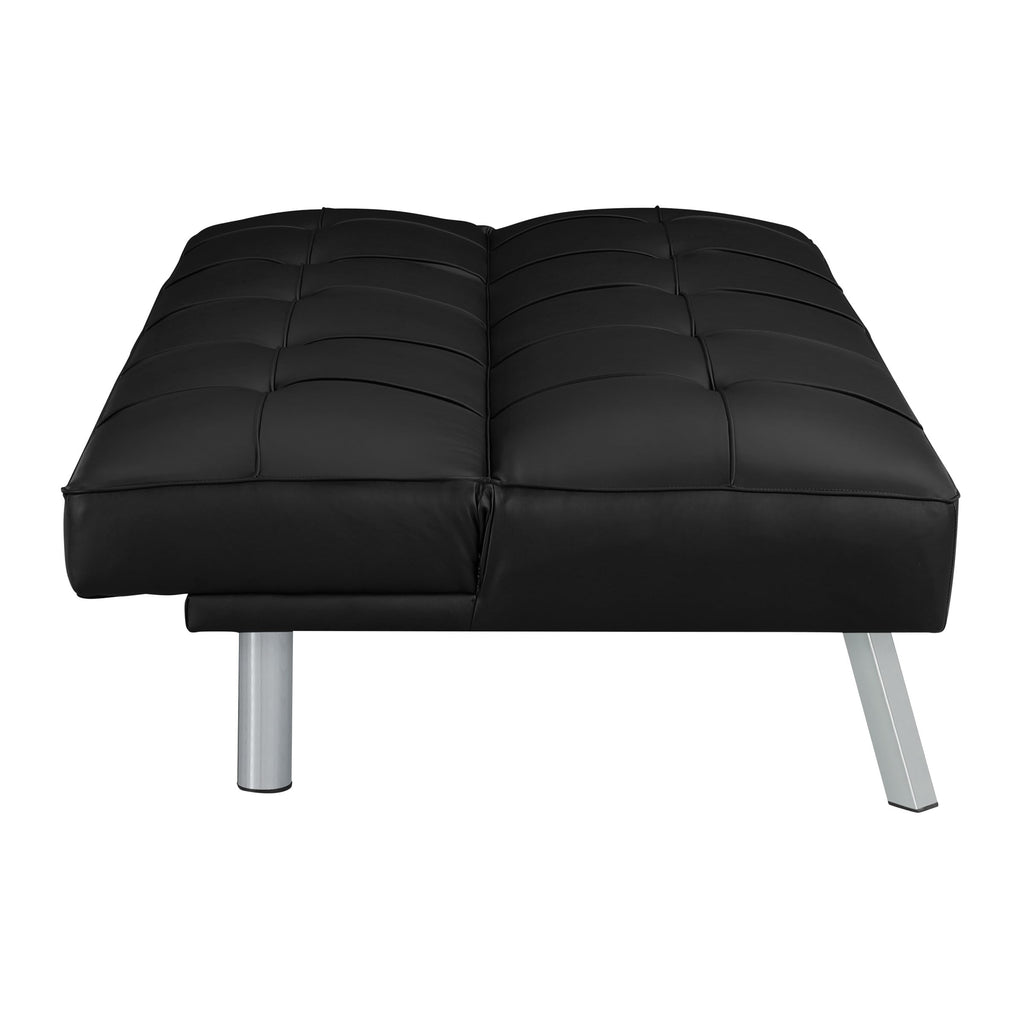 OSP Home Furnishings Kenneth Modern Button Tufted Convertible Click-Clack Futon Sofa Bed, Black Faux Leather with Chrome Legs