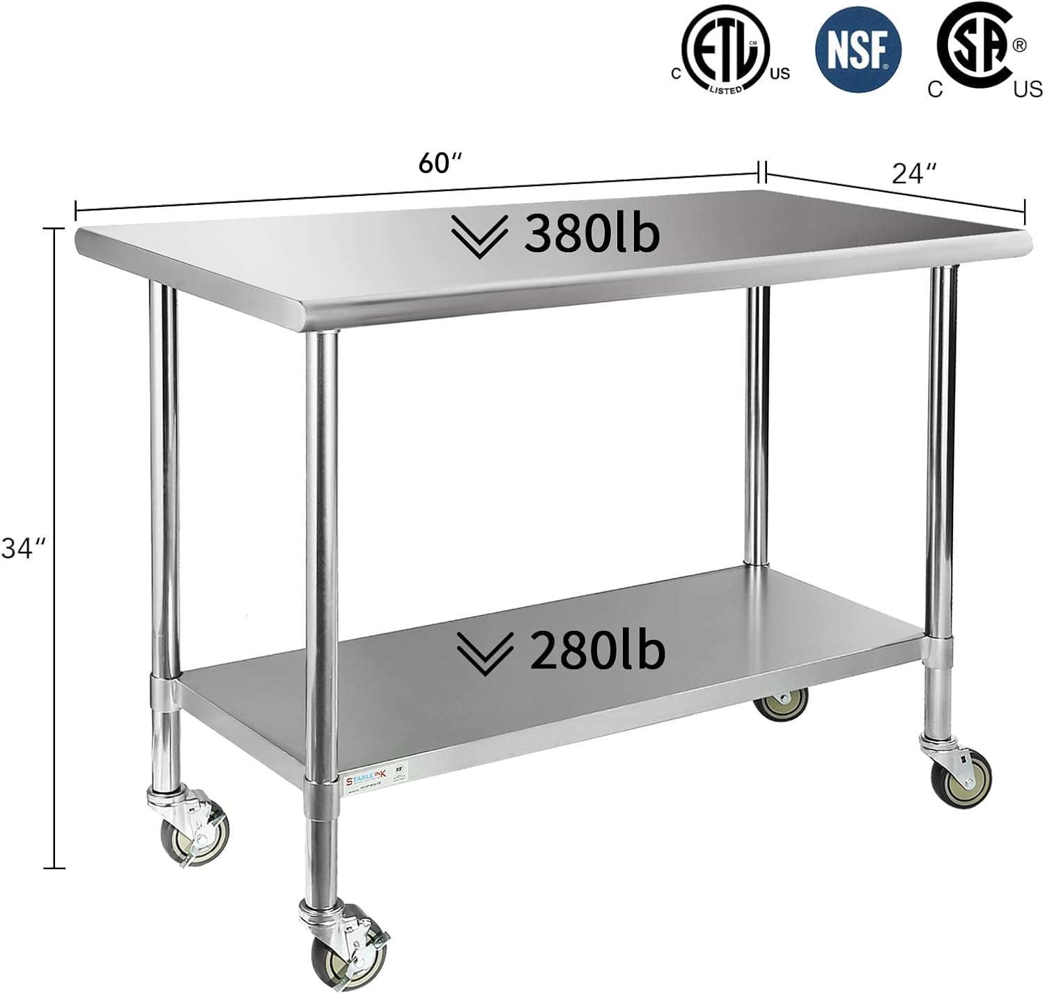 STABLEINK NSF Stainless Steel Table with Wheels 60x24 Inches 5ft, Metal Prep & Work Table with Adjustable Undershelf, for Commercial Kitchen, Restaurant, Hotel, Laundry and Garage