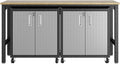 Manhattan Comfort Fortress 3-Piece Textured Garage Storage Set, Includes Mobile Metal Cabinet Chests and Worktable, Space-Saving Design, 25 Gauge Metal, Lockable Wheels, 1.0 Series, Grey
