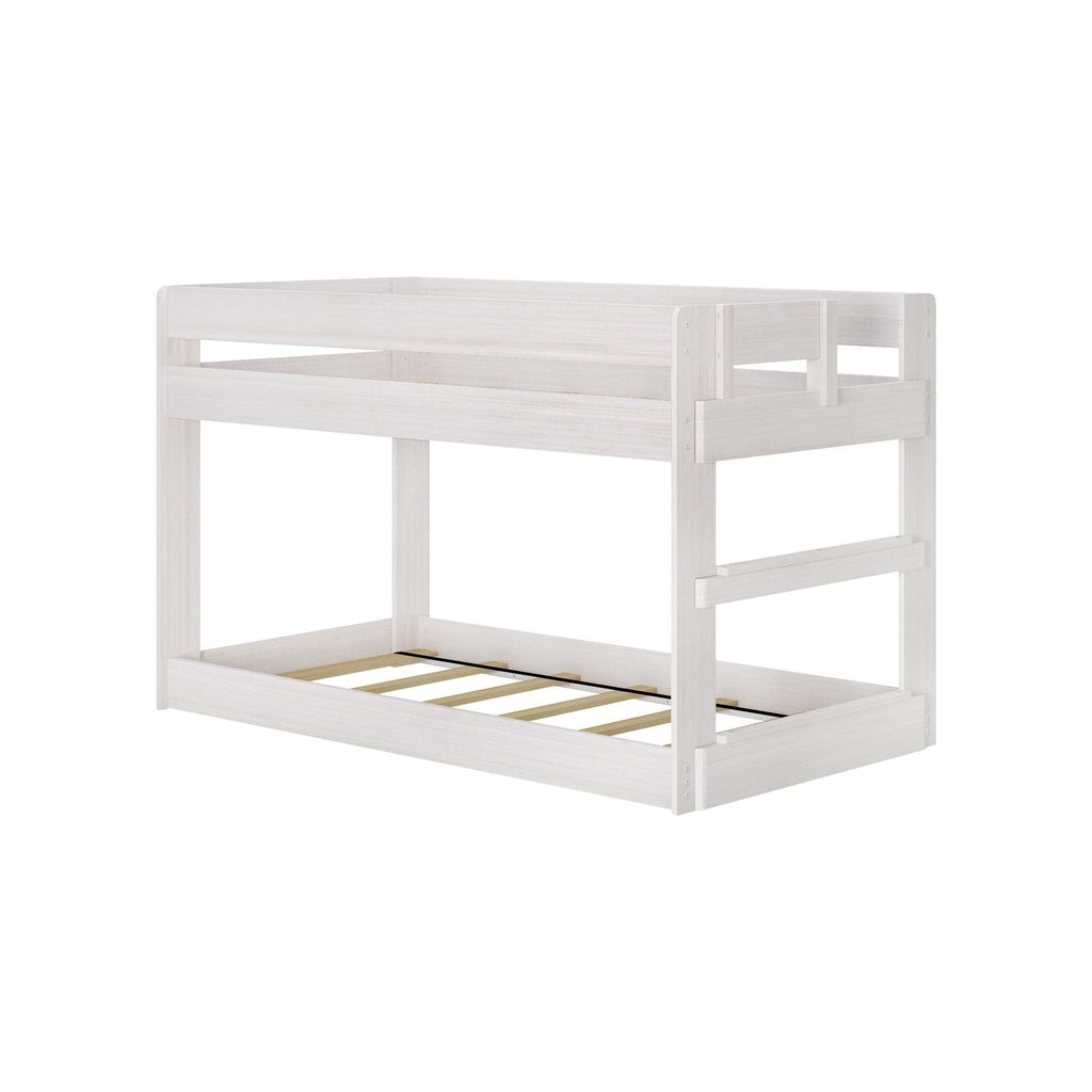 Max & Lily Modern Farmhouse Low Bunk Bed, Twin-Over-Twin Bed Frame For Kids, White Wash