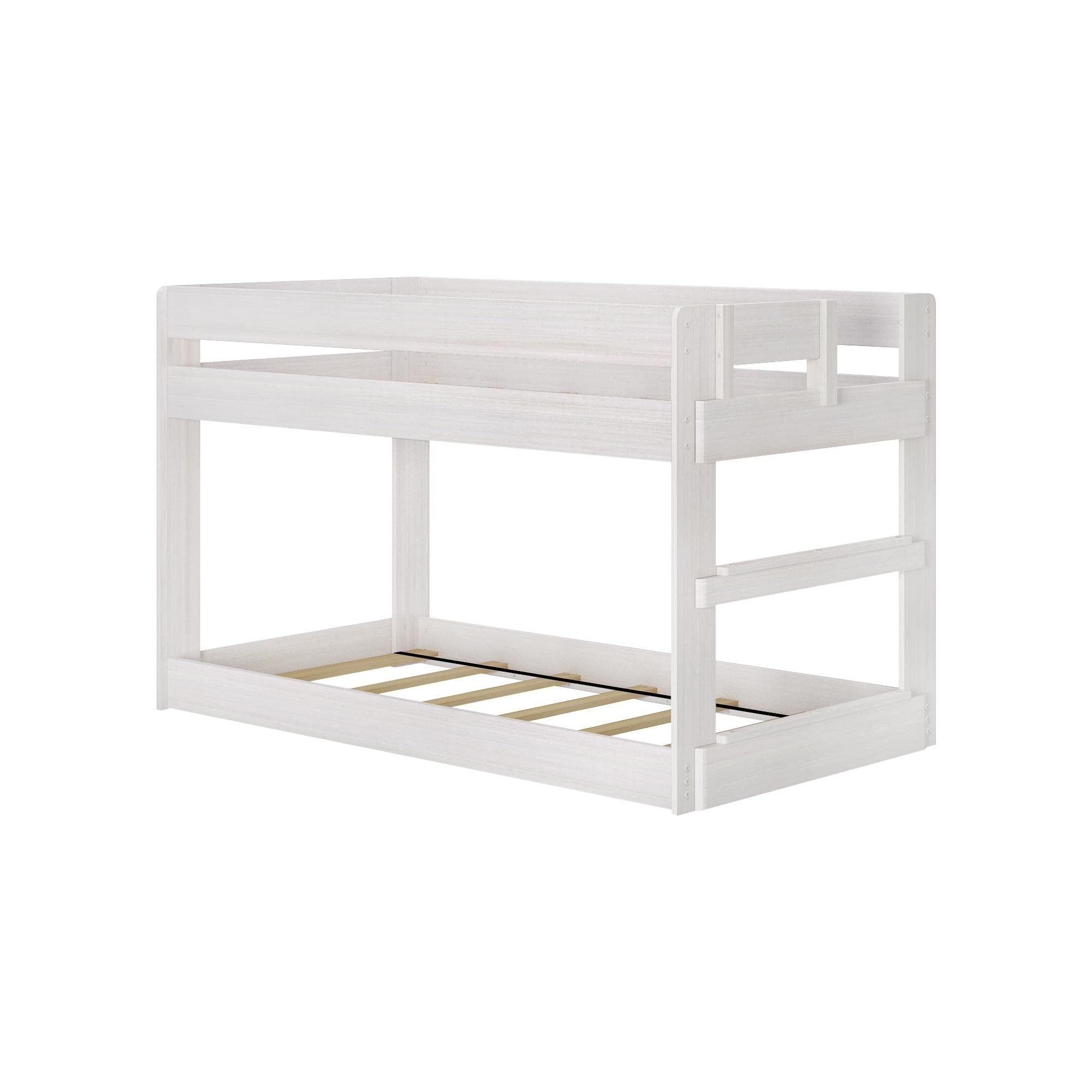 Max & Lily Modern Farmhouse Low Bunk Bed, Twin-Over-Twin Bed Frame For Kids, White Wash