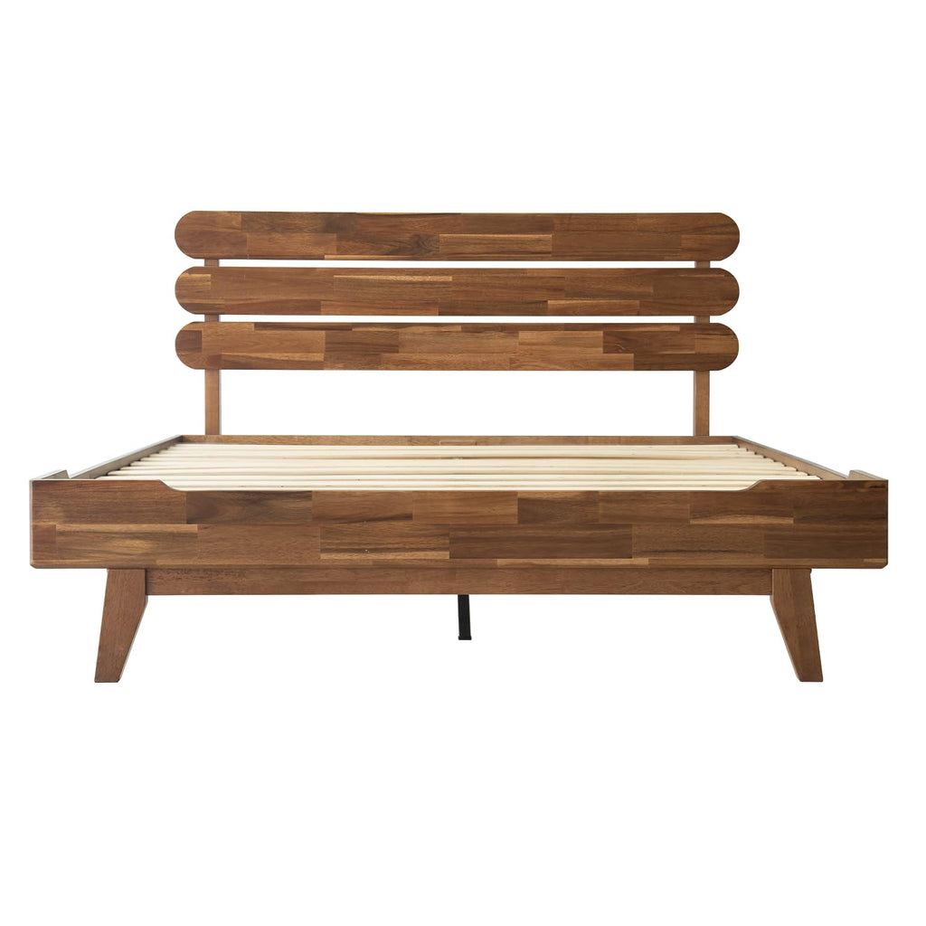 Full Size Solid Wood Platform Bed Frame, Headboard & Footboard, 12 Heavy-Duty Slatted Base, Center Metal Legs, Easy Assembly, No Box Spring Needed, Anti-Slip & Noise-Free, Walnut Finish OZF-37