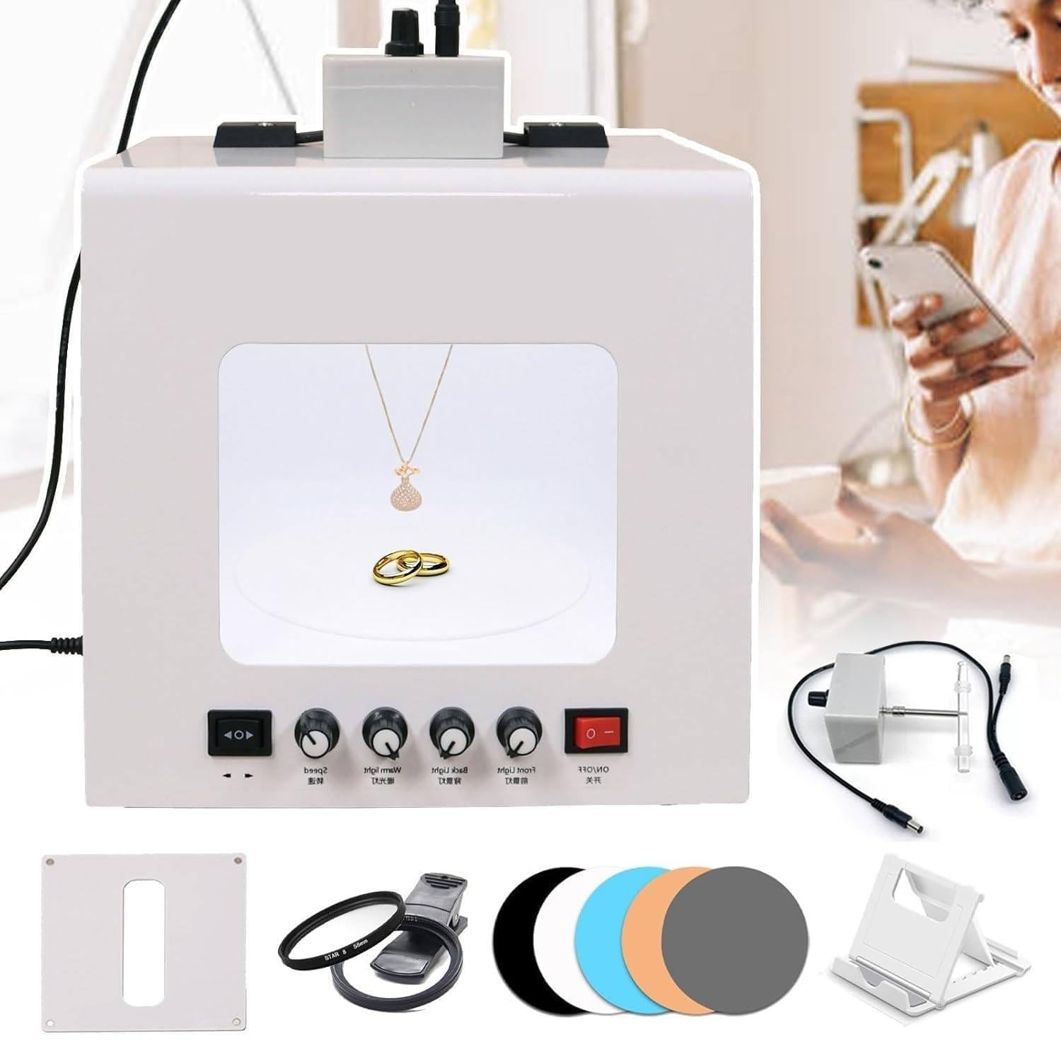 Jewelry Photography Light Box Kit with Adjustable Turntable, 22000Lux Professional Studio Setup for Stunning Gemstone Images, Customizable Speed, for Small Items with Full Accessories(Tb20)