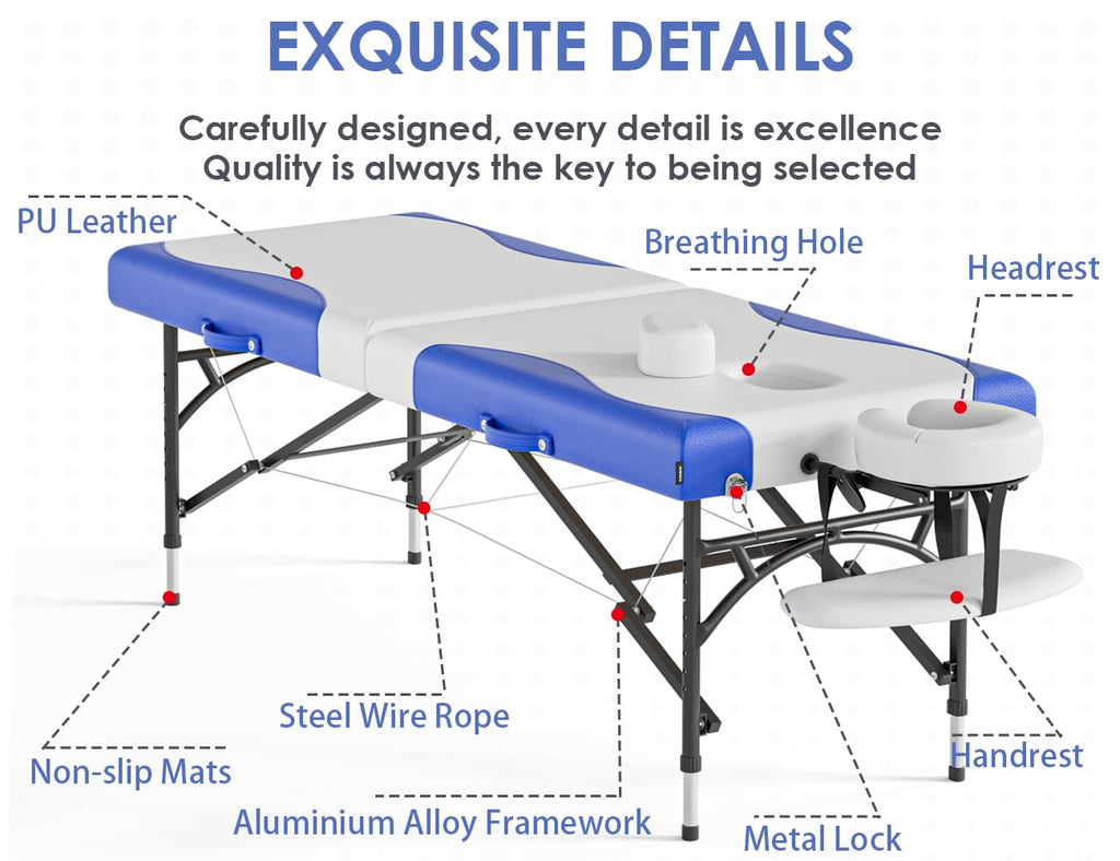 CLORIS 84" Professional Massage Table Portable 2 Folding Lightweight Facial Salon Spa Tattoo Bed Height Adjustable with Carrying Bag & Aluminium Leg Hold Up to 1000LBS - Widen