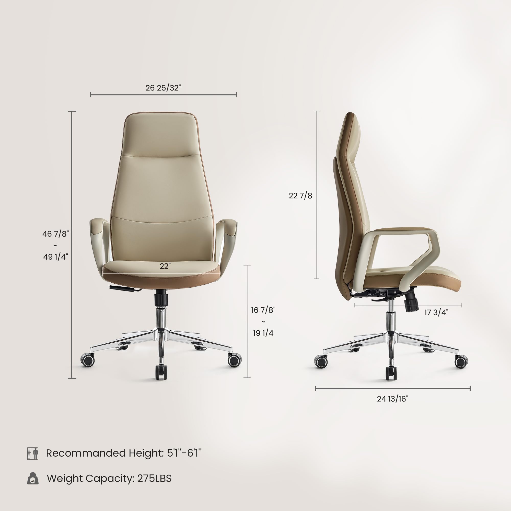 EUREKA ERGONOMIC Clara Executive Office Chair, Modern Leather Desk Chair with Back Support, Big and Tall Home Office Chair with 3-Position Recline Lock, Beige Brown