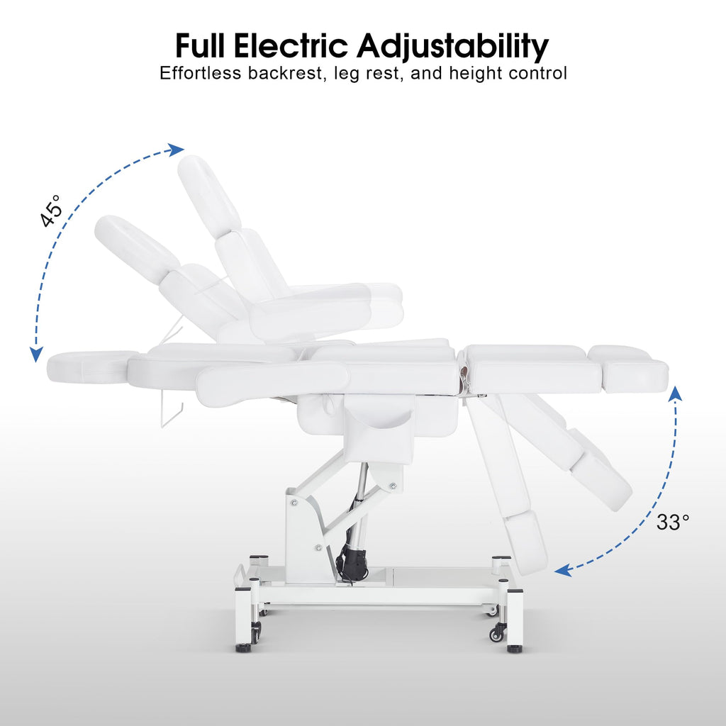 BarberPub Fully Electric Beauty Bed, 3-Motor Salon Spa Chair with Foot-Controlled Wheels, Adjustable Height, Backrest & Leg Rest – PVC Leather, Professional Facial & Treatment Table 2754 (White)