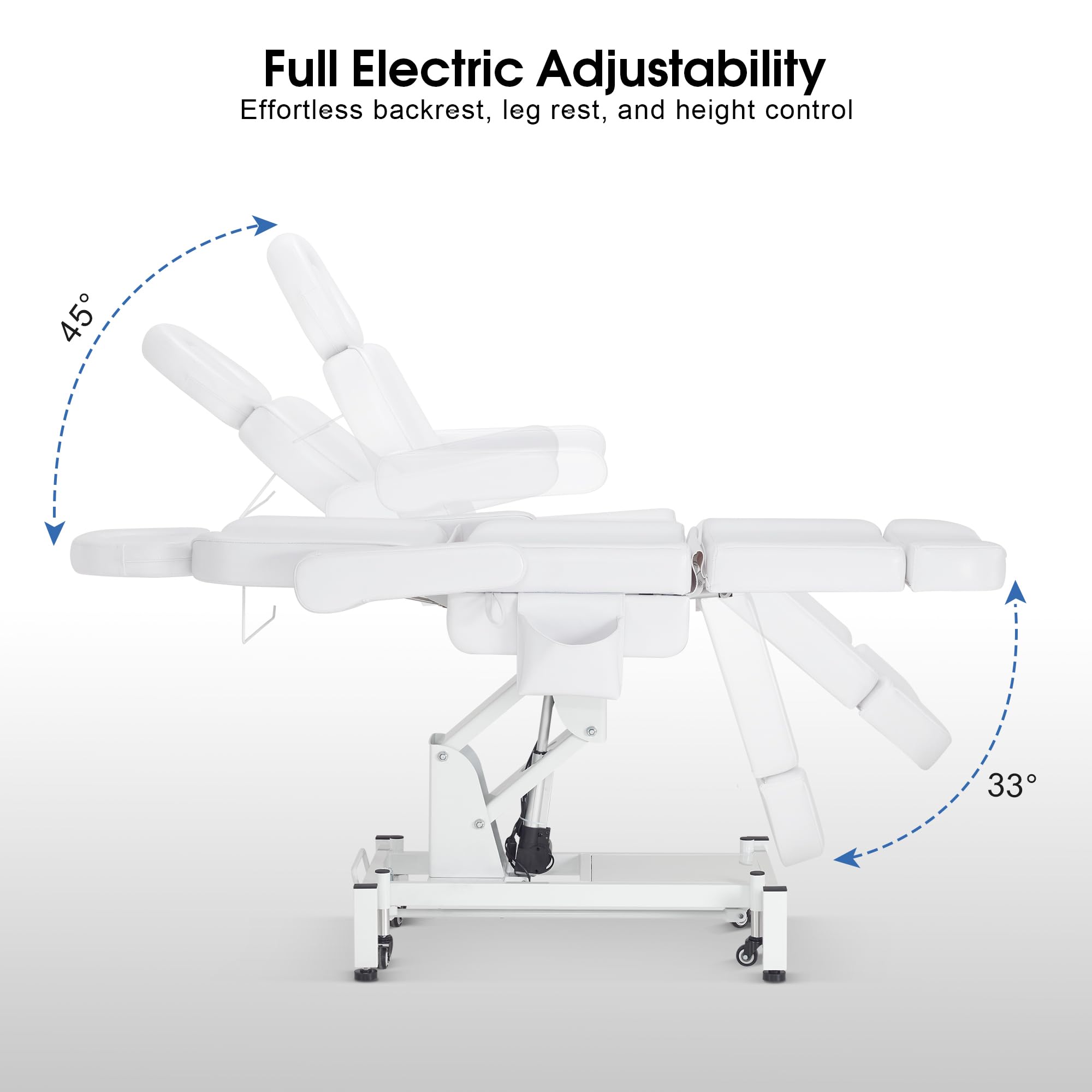 BarberPub Fully Electric Beauty Bed, 3-Motor Salon Spa Chair with Foot-Controlled Wheels, Adjustable Height, Backrest & Leg Rest – PVC Leather, Professional Facial & Treatment Table 2754 (White)