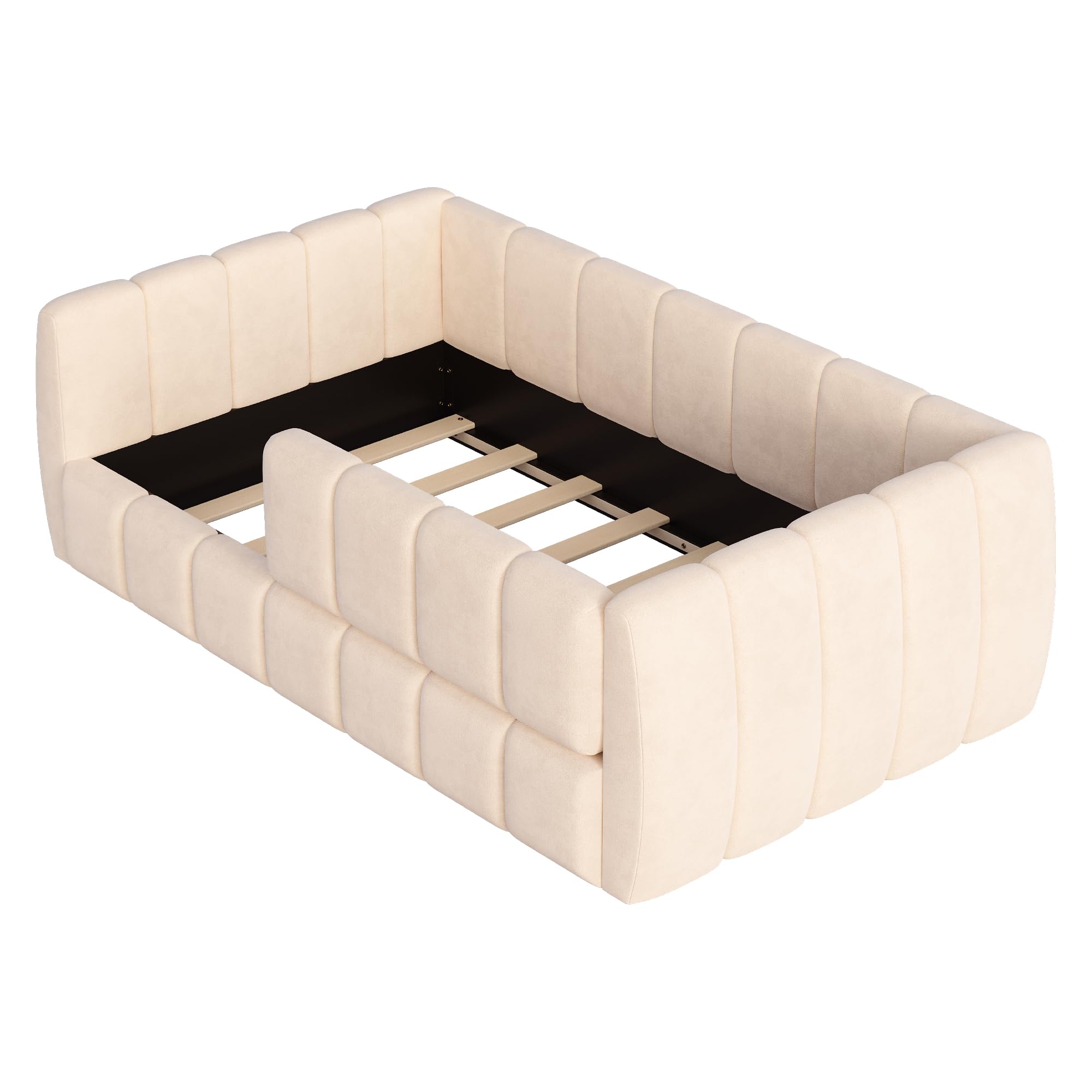 Merax Upholstered Floor Daybed with Removable Guardrails, Compatible with Standard US mattresses, Safety Bed with High Headboard & Footboard, Beige