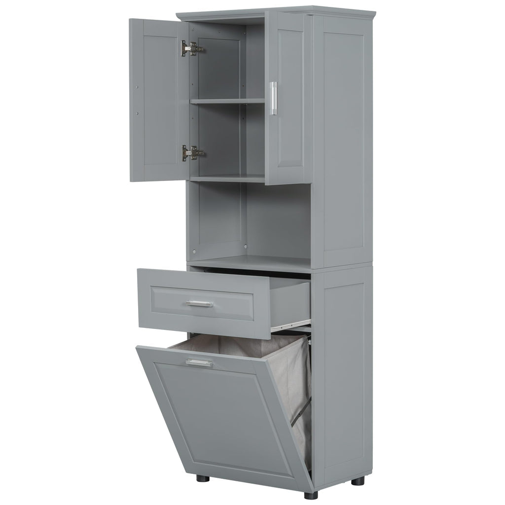 Virubi Tall Laundry Cabinet with Tilt Out Laundry Hamper and Drawer, Modern Wood Bathroom Storage Cabinet with Doors and Adjustable Shelves, Freestanding, Grey