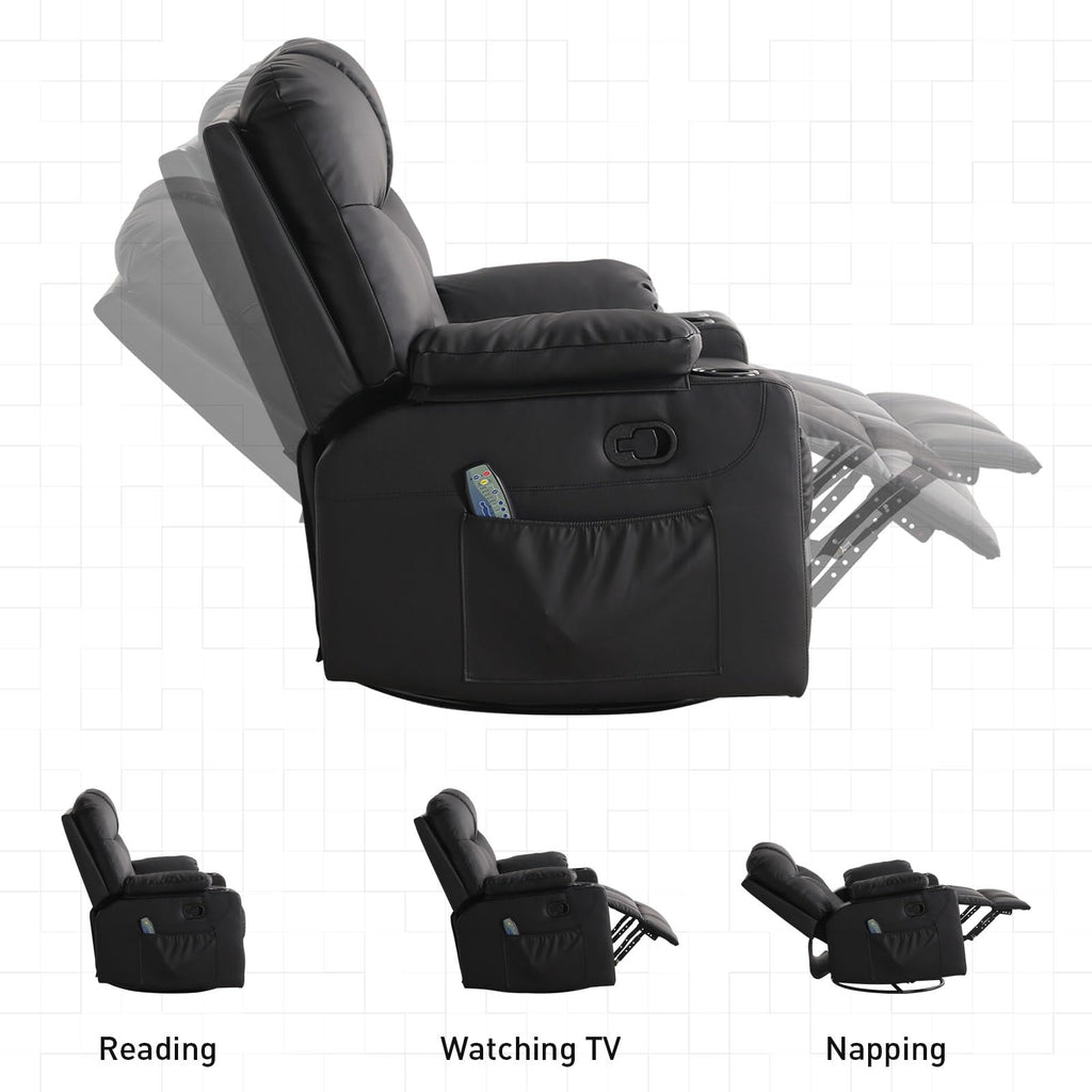 Bonzy Home Oversized Swivel Rocker Recliner, 40" Rocking Recliner Chair with Heated and Massage, PU Leather Single Sofa with Swivel Function, 2 Cup Holders for Living Room Bedroom, Black