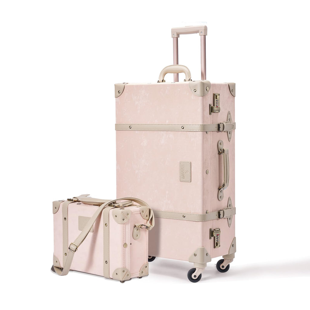UNIWALKER Vintage Leather Suitcase Set of 2, Retro Trunk Style Spinner Luggage with Cosmetic Train Bag for Women(Velvet Pink, 26''+12'')