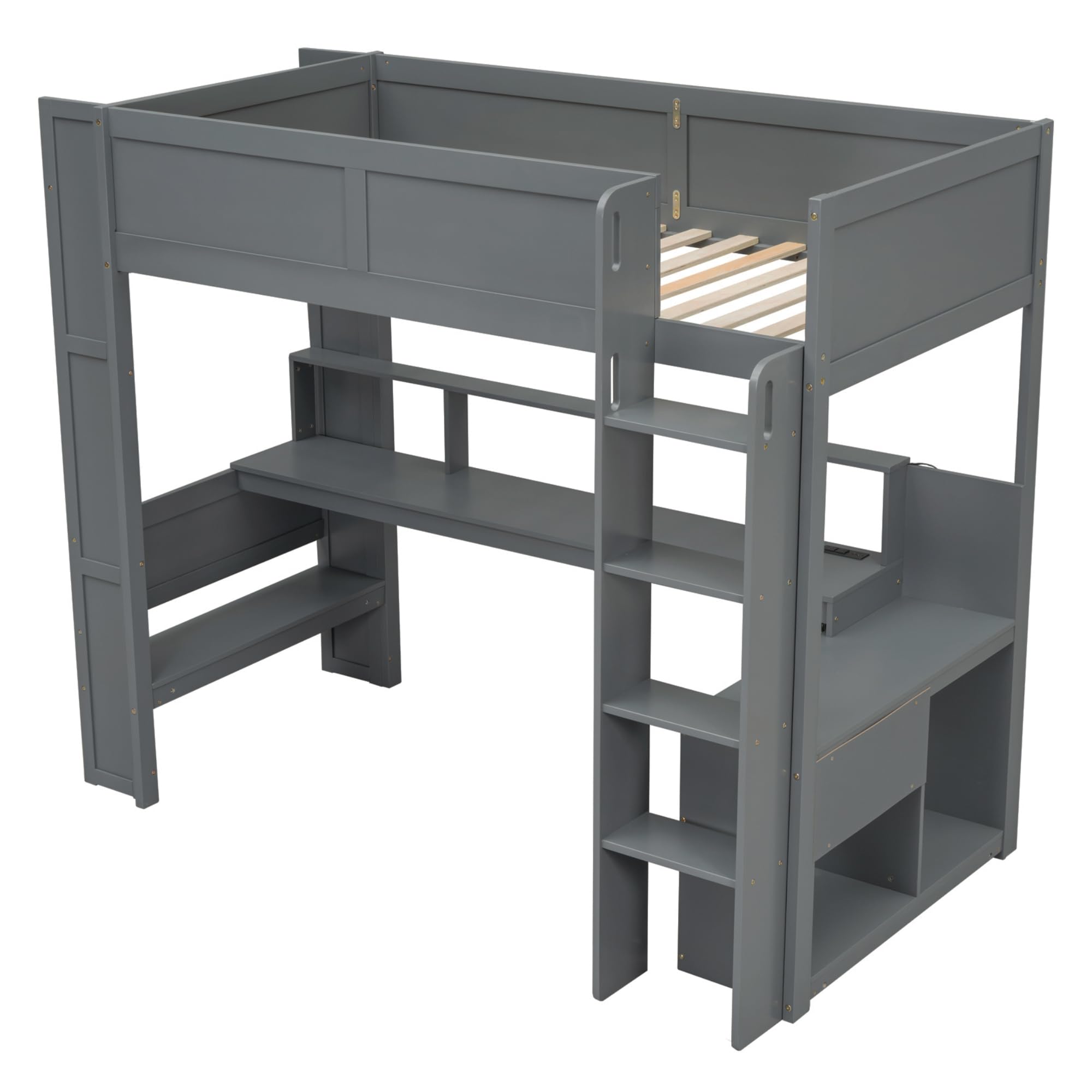 Ball & Cast Twin Size Gaming Loft Bed with Built-in Desk, LED and Charging Station,Wood Loft Bed Frame w/Multi-Storage Shelves,No Box Spring Needed,Ladder,for Kids,Teens,Adults,Dark Gray