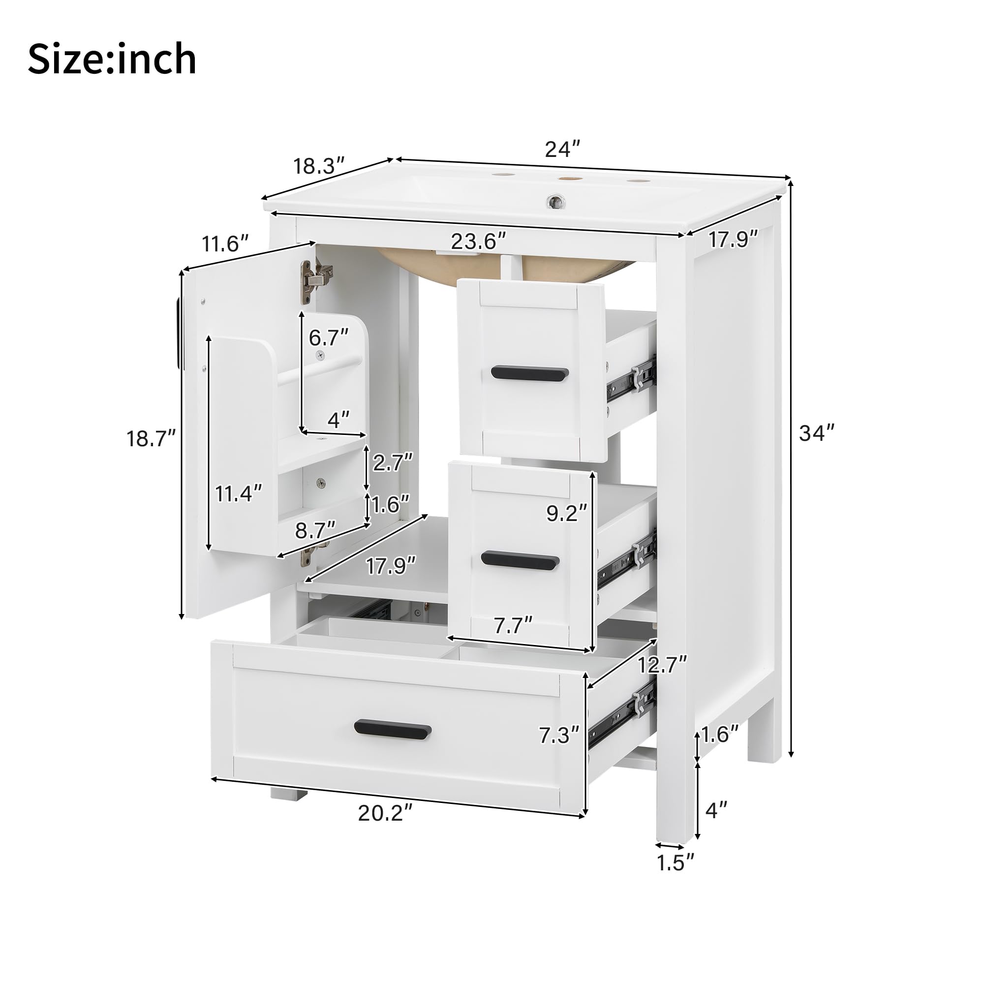 Favfurish 24" Bathroom Vanity with Ceramic Sink,Freestanding Bathroom Vanities with Soft-Closing Door and Double-Layer Door Shelf,Modern Bath Storage Cabinet w/ 3 Drawers,White