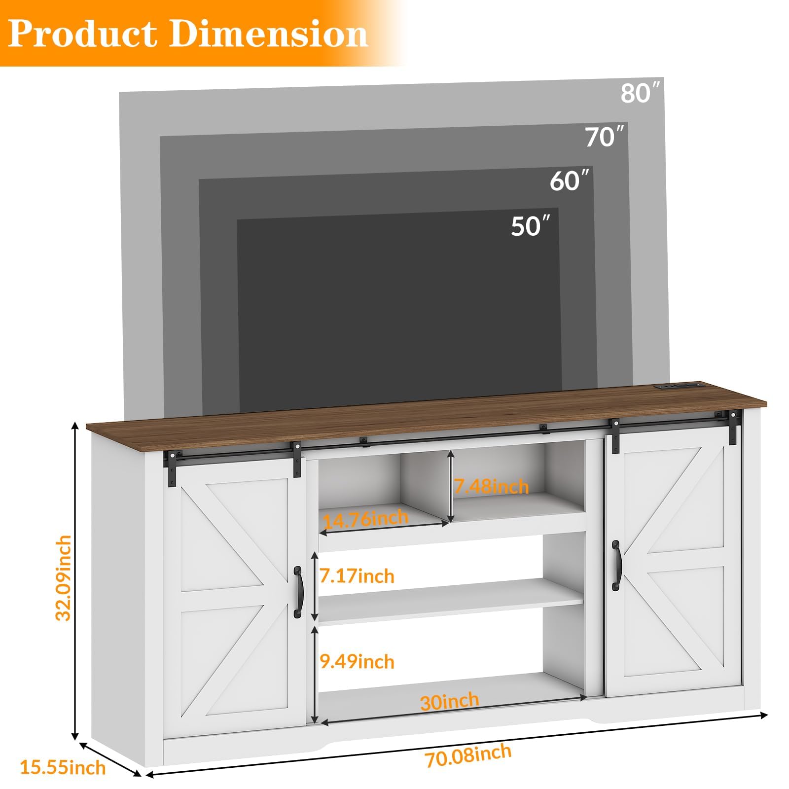 Garvee 70" Farmhouse TV Stands for 80" Television, Entertainment Center with Sliding Barn Door, Media TV Console Table with Storage & Adjustable Shelves for Living Room, White+Brown
