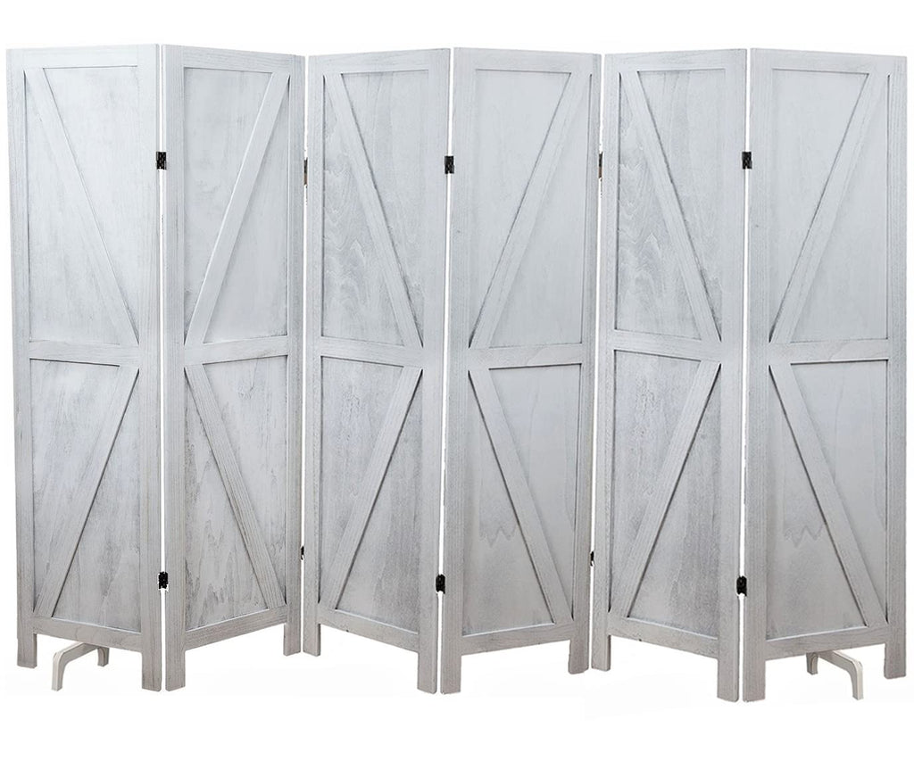 Premium Home 6-Panel Room Divider – Rustic White Barn Door, K Pattern Folding Privacy Screen, Partition Wall