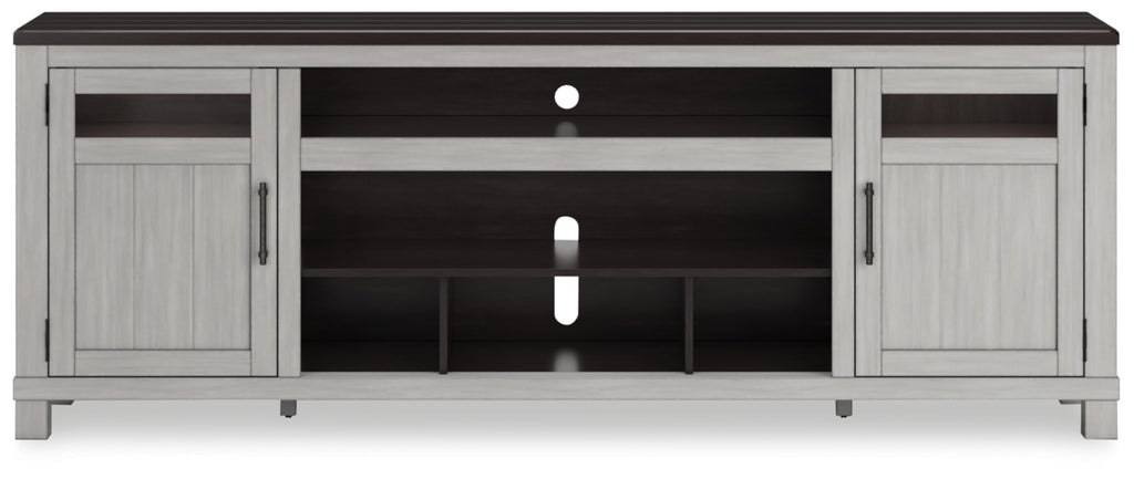 Signature Design by Ashley Darborn Farmhouse 88" TV Stand for TVs up to 101" with Adjustable Shelves, Cabinets, Cord Openings and Fireplace Option, Light Gray & Dark Brown