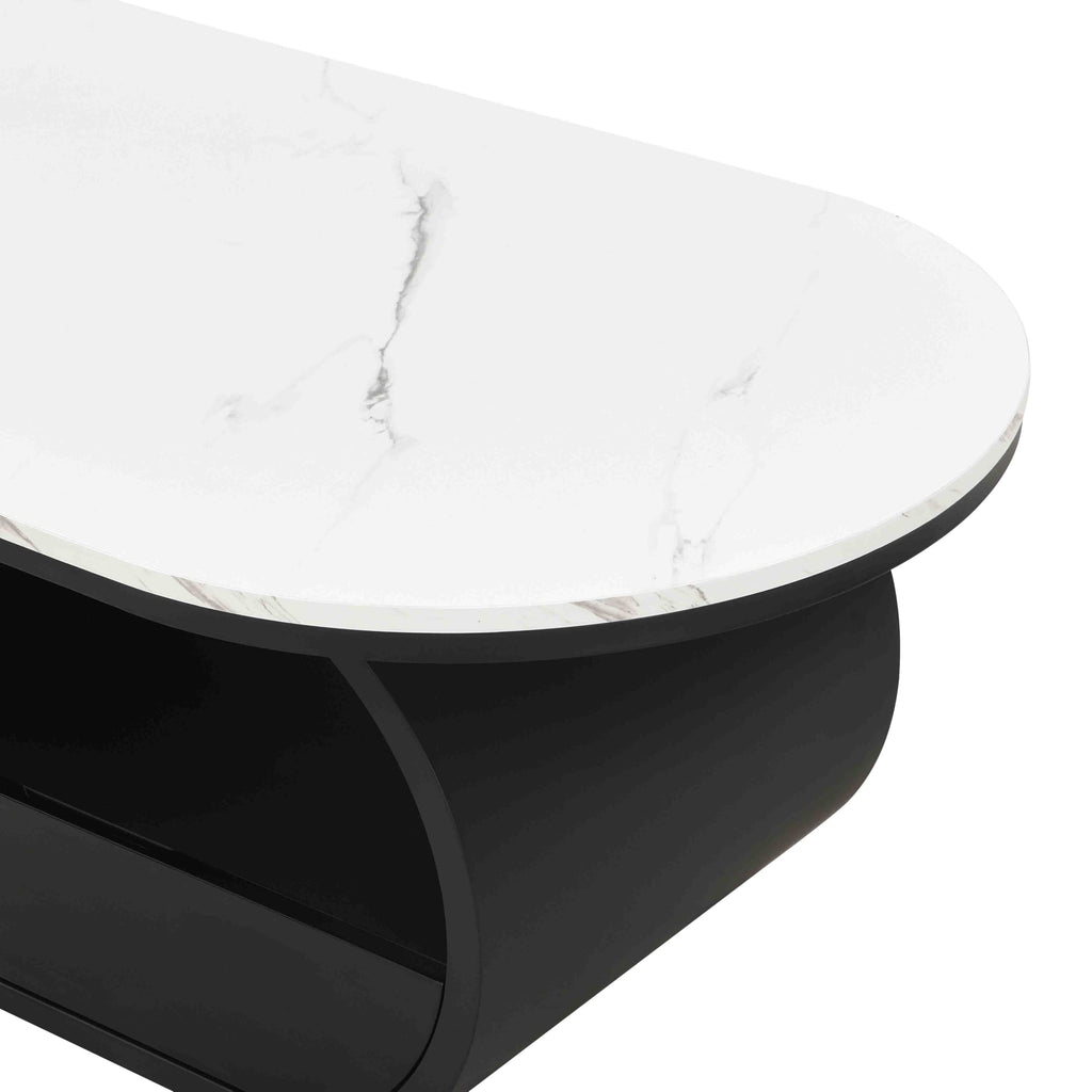 KEIKI Luxury Modern Oval Coffee Table with Storage Drawer, 47.24" Faux Marble Top, Wooden Coffee Table with Shelf, Sturdy Black Metal Frame for Living Room & Office, Black White