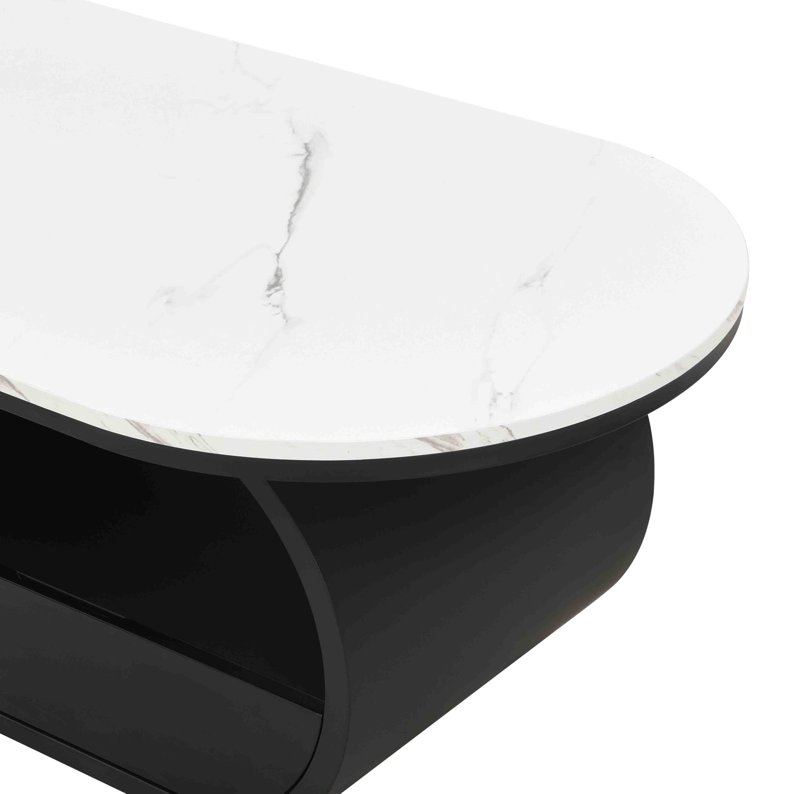 KEIKI Luxury Modern Oval Coffee Table with Storage Drawer, 47.24" Faux Marble Top, Wooden Coffee Table with Shelf, Sturdy Black Metal Frame for Living Room & Office, Black White
