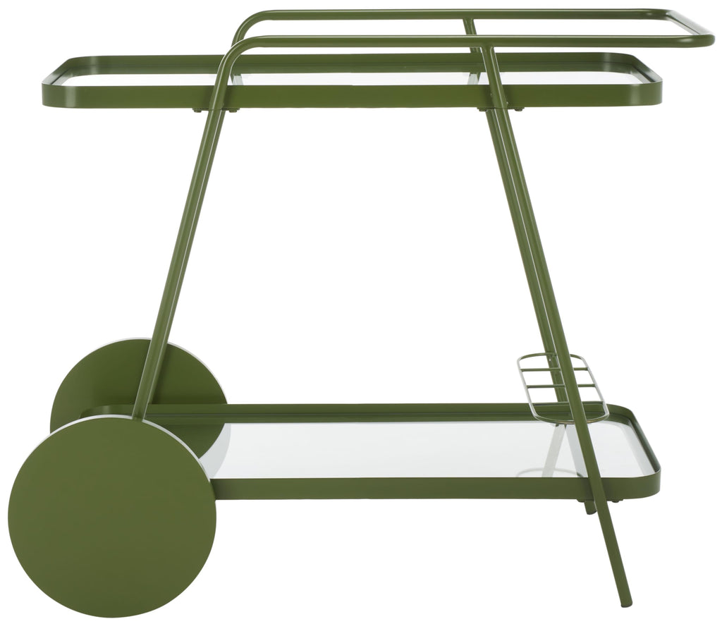 SAFAVIEH Home Collection Zunia Green/Clear Glass 2-Tier Bar Cart with Wheels