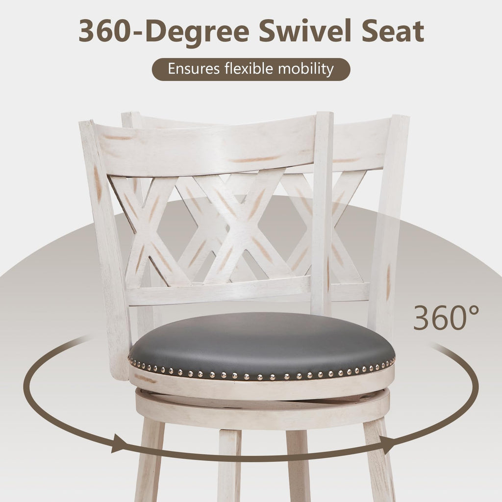 COSTWAY Bar Stool Set of 4 for Kitchen Island, 25.5” Swivel Armless Counter Height Stools with 20'' Wider Padded Seat, Ergonomic Curved Backrest, Rubber Wood Frame (4, Antique White + Gray)