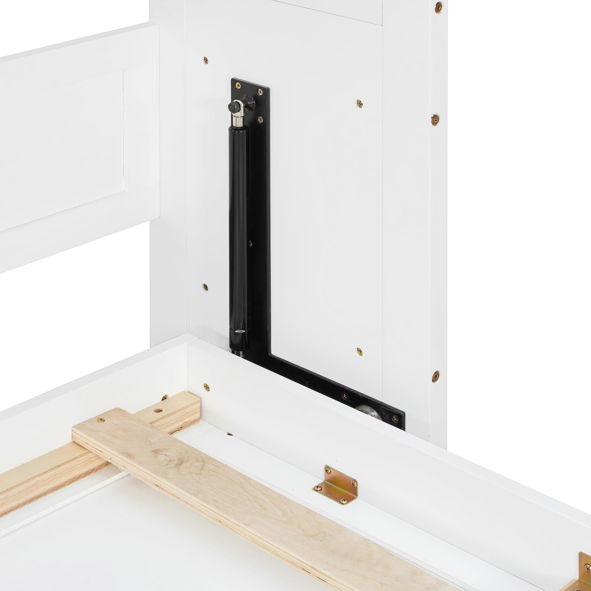Merax Twin Murphy Bed Frame with Top Cabinet, Multi Storage Shelves & 4 Ratten Doors, 2-in-1 Bed Desk Space Saving Foldable Wall Bed with Light & USB Charging Ports, White