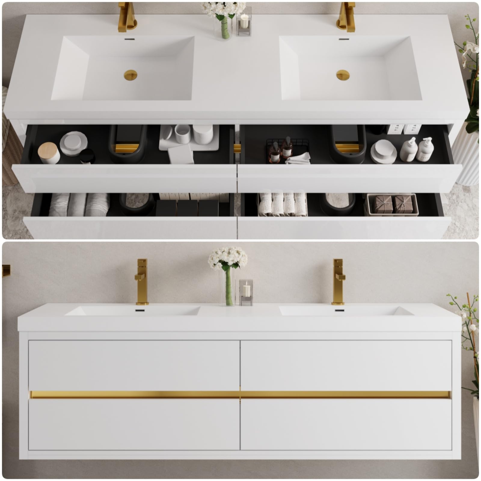 Trygoal 72" Bathroom Vanity with Sink, Floating Vanity with Resin Countertop & 4 U-Shaped Interiors, Wall-Mounted Bathroom Storage Cabinet with Soft-Close Drawers for Home, Easy to Clean, Glossy White