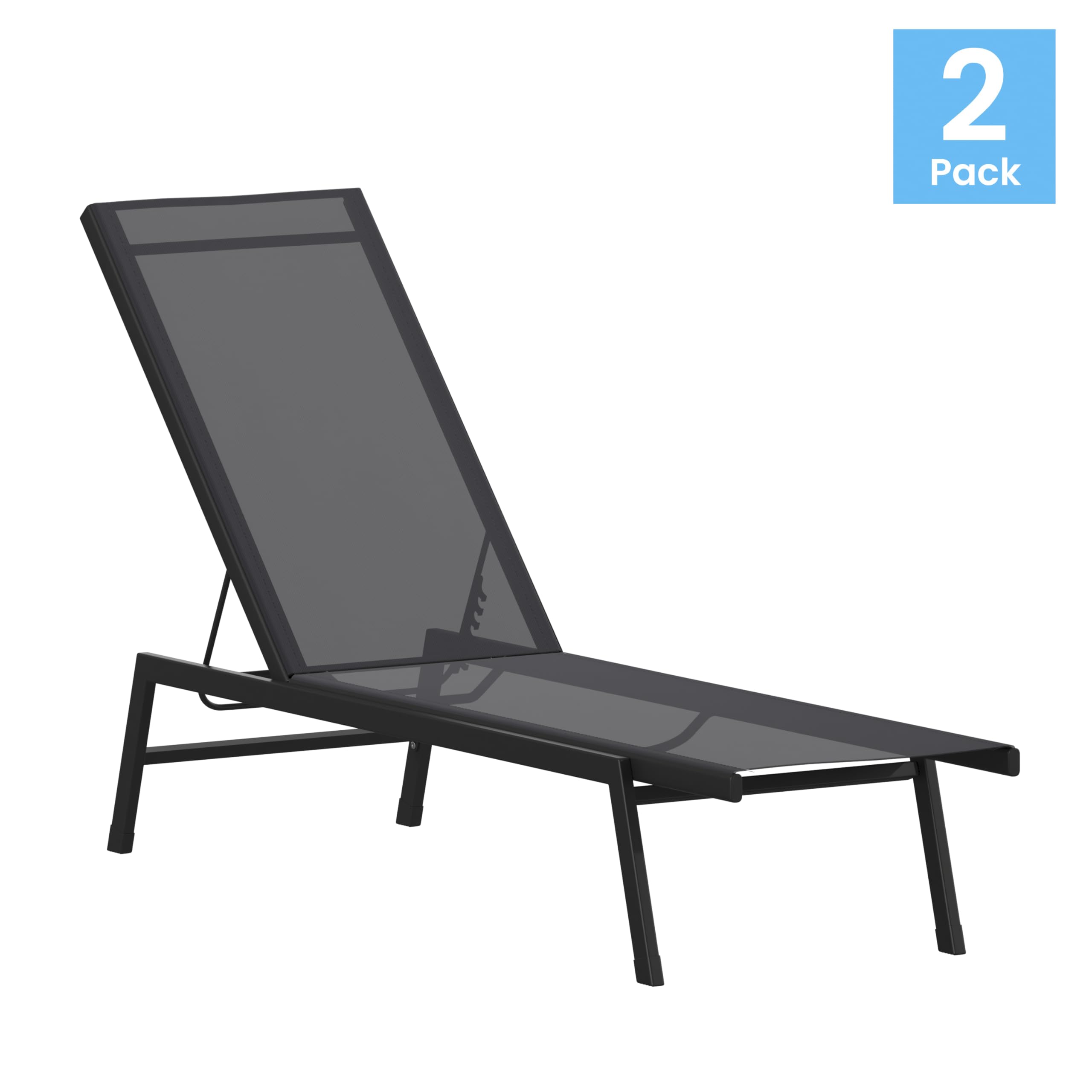 EMMA + OLIVER Braelin Adjustable Patio Chaise Lounge - Black Textilene Seat - Armless Design - 5 Recline Positions - Metal Frame - All-Weather - Set of 2
