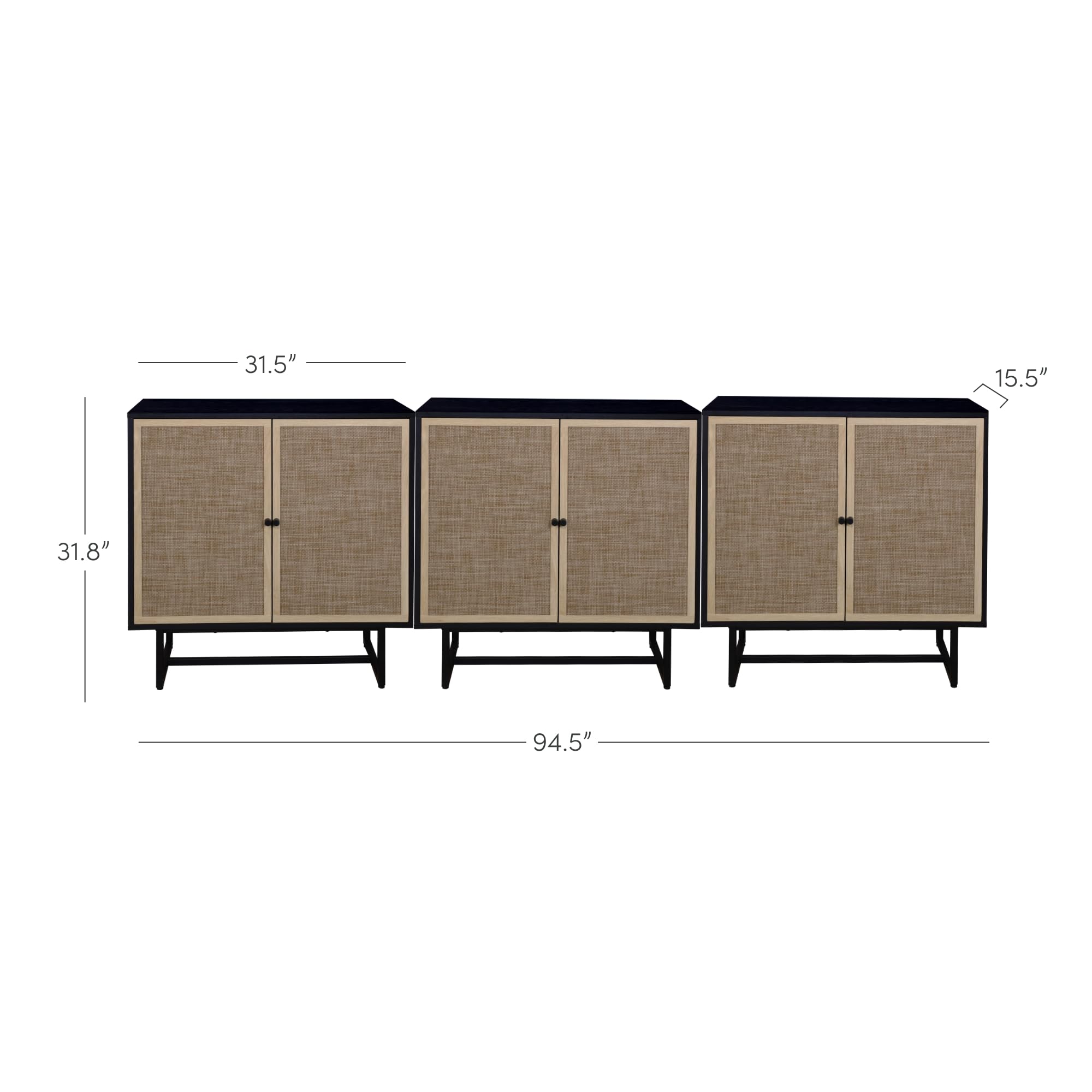 Nathan James Kova Rattan Wood Accent Sideboard Storage Cabinet TV Stand with Matte Metal Frame, Adjustable Shelves and Cane Doors, for Hallway, Entryway or Living Room, Black Oak/Cane, Set of 3