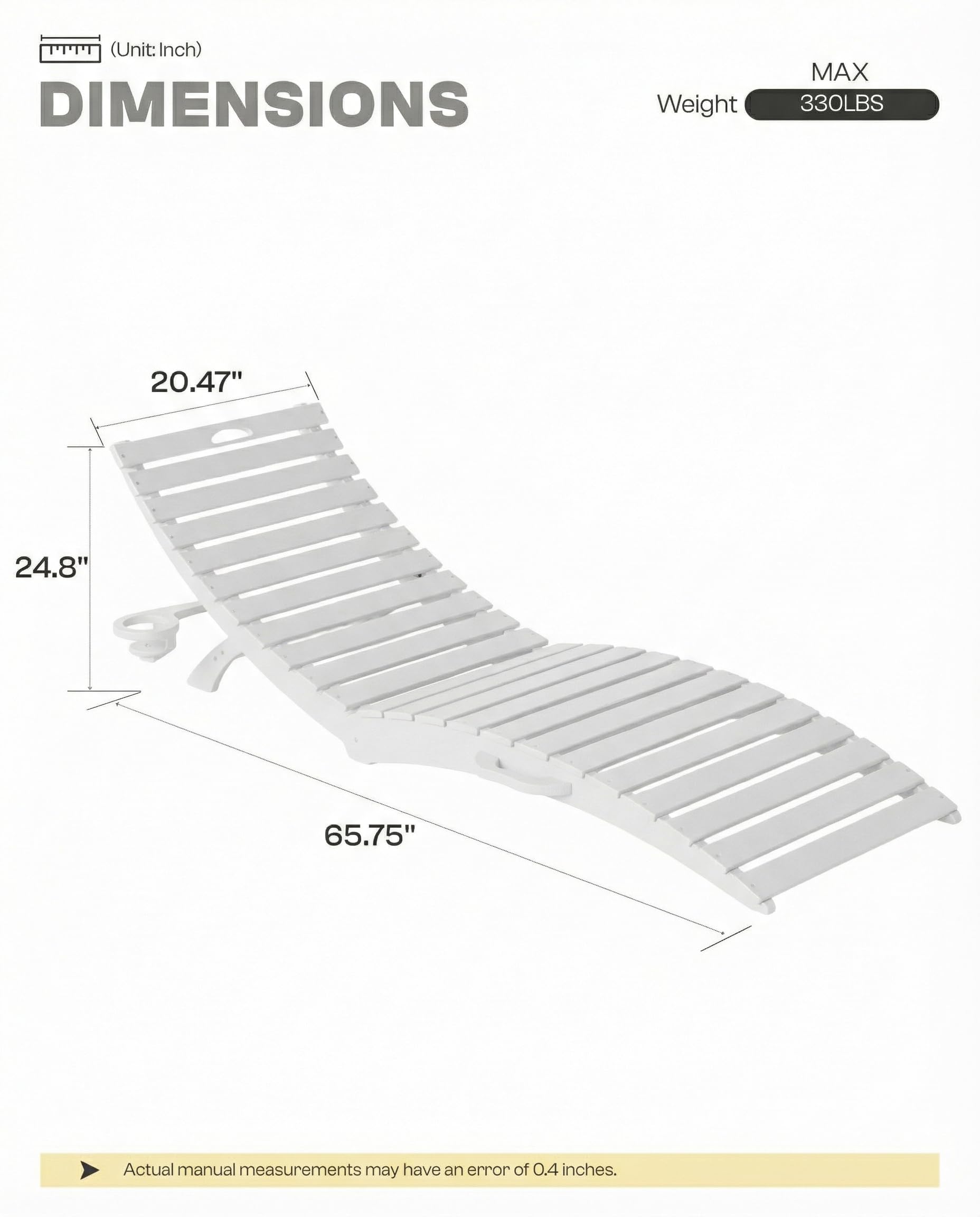 Tobeos Folding HDPE Pool Lounge Chairs Set of 2, Pre-Assembled Outdoor Chaise Lounge with Cup Holder for Poolside, Tanning Ledge, Pool Deck or Beach, Sandbag Not Included (White)