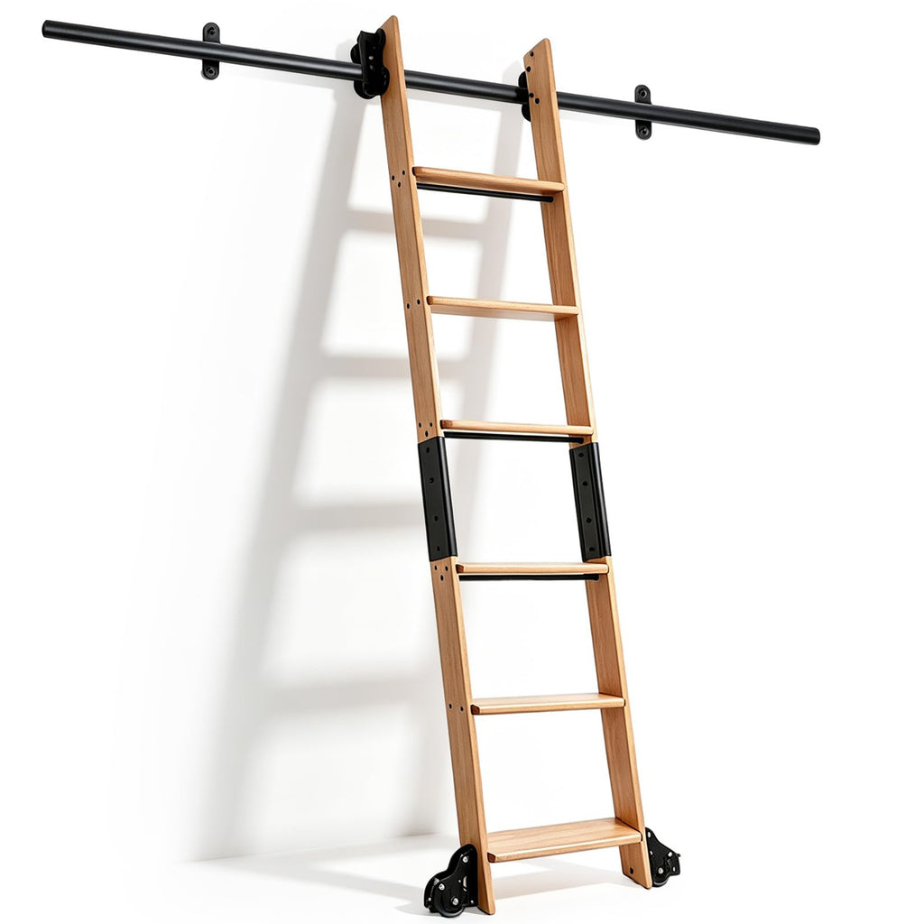 Leinuosen 86 Inch Rolling Library Ladder with 4FT Track Kit, Solid Oak Wood Ladder with Braking Wheels, Sliding Kit for Home, Bookshelf, Loft(Suitable for Installation Height 80-3/4")