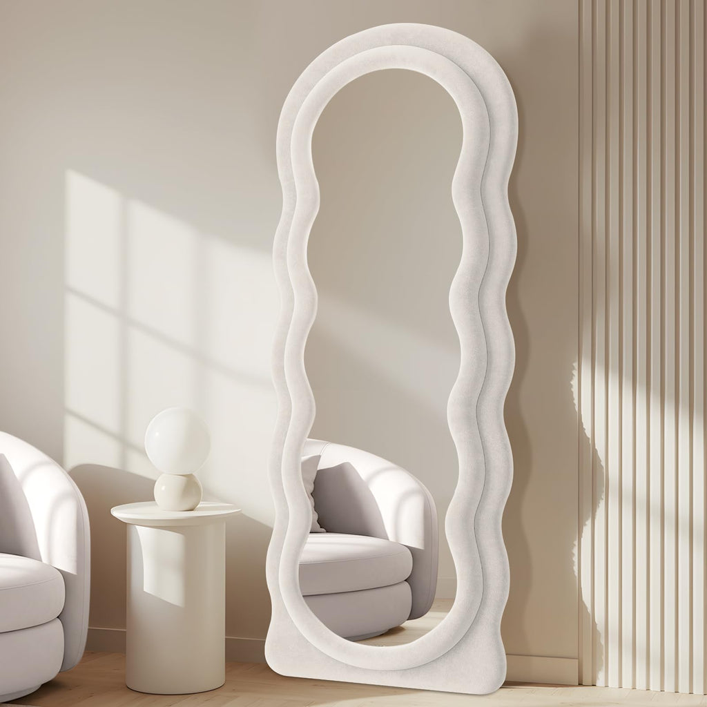 Anpark Full Length Mirror 71"x30" Arched Wavy Full Body Wall Mounted Floor Mirror Ivory Flannel Frame Leaning Hanging Wall Mirror for Bedroom Entrance