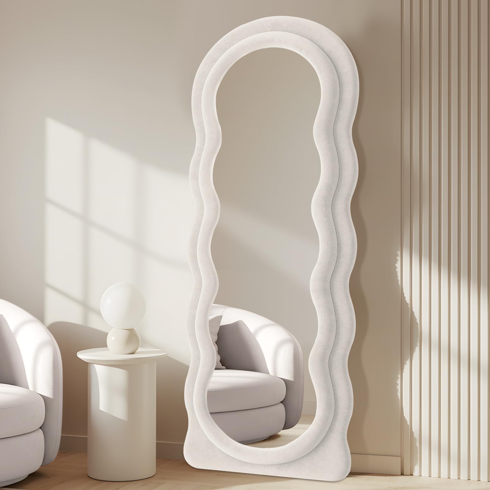 Anpark Full Length Mirror 71"x30" Arched Wavy Full Body Wall Mounted Floor Mirror Ivory Flannel Frame Leaning Hanging Wall Mirror for Bedroom Entrance