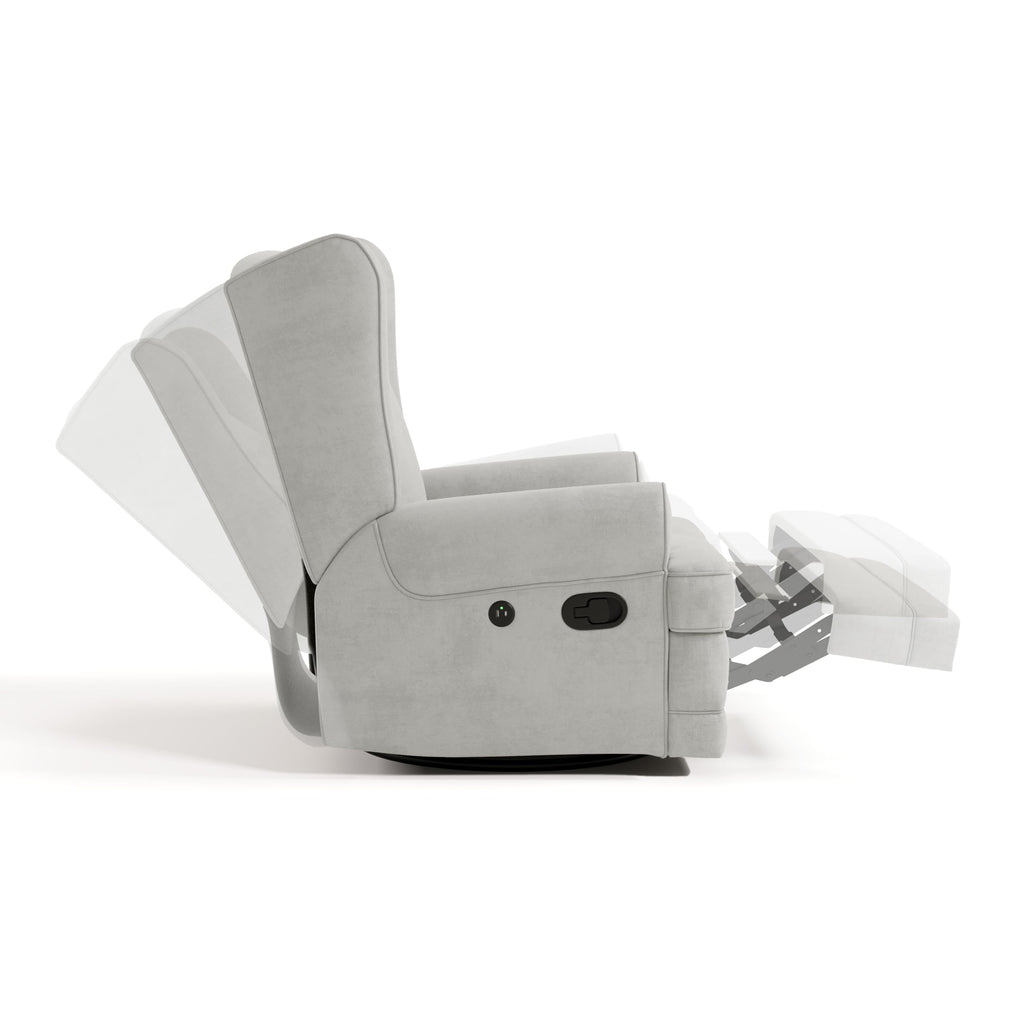 Storkcraft Serenity Upholstered Swivel Glider with USB Charging Port (Steel) – Fully Upholstered Wingback Nursery Glider Recliner with Manual Recline Function, Rocking Chair, 360 Swivel Base