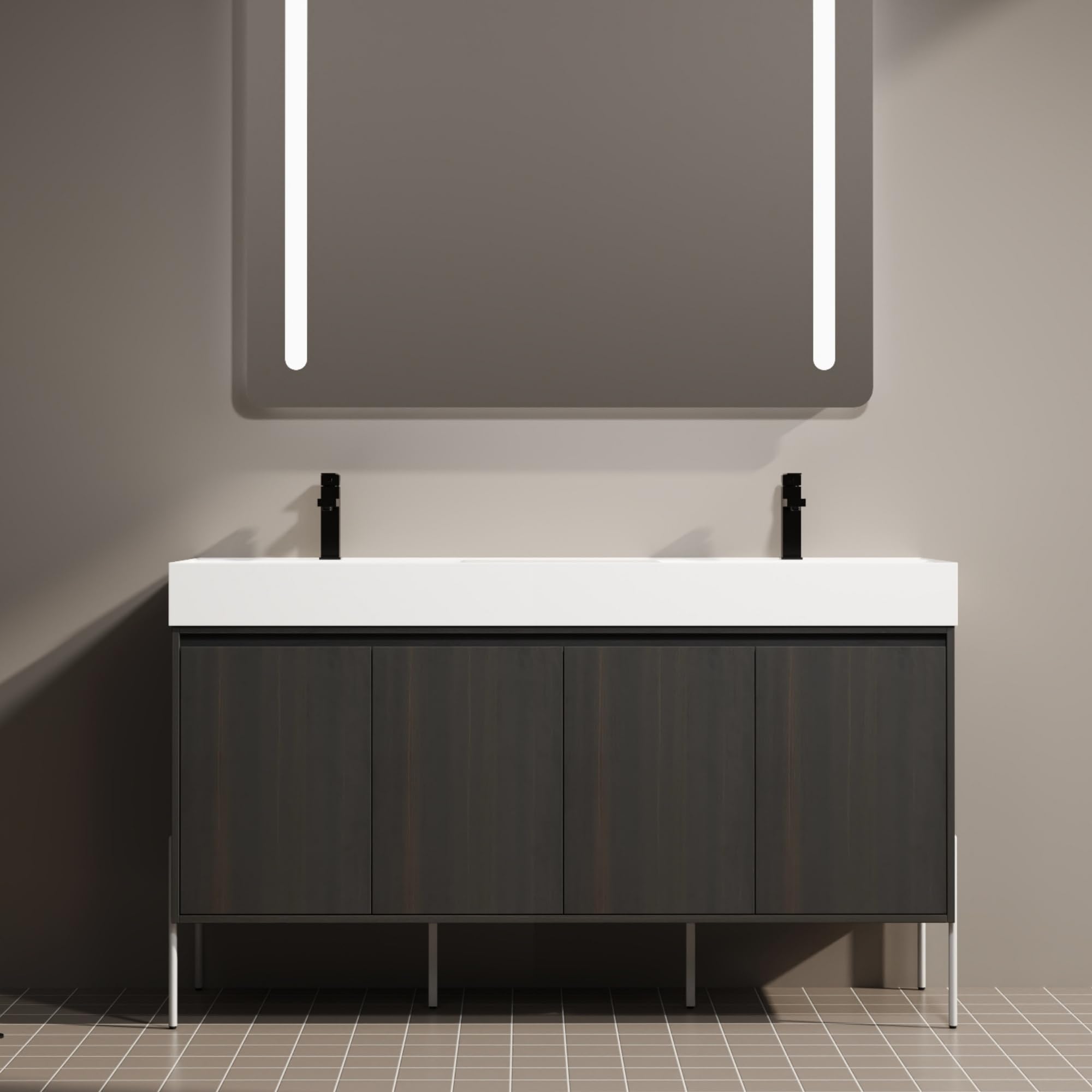 KEIKI 60" Freestanding Bathroom Vanity with Resin Double Sink, Modern Bathroom Storage Cabinet with Soft Closing Doors & Solid Metal Legs, 60 inches Double Sink Bathroom Vanity with 45° Bevel Handle